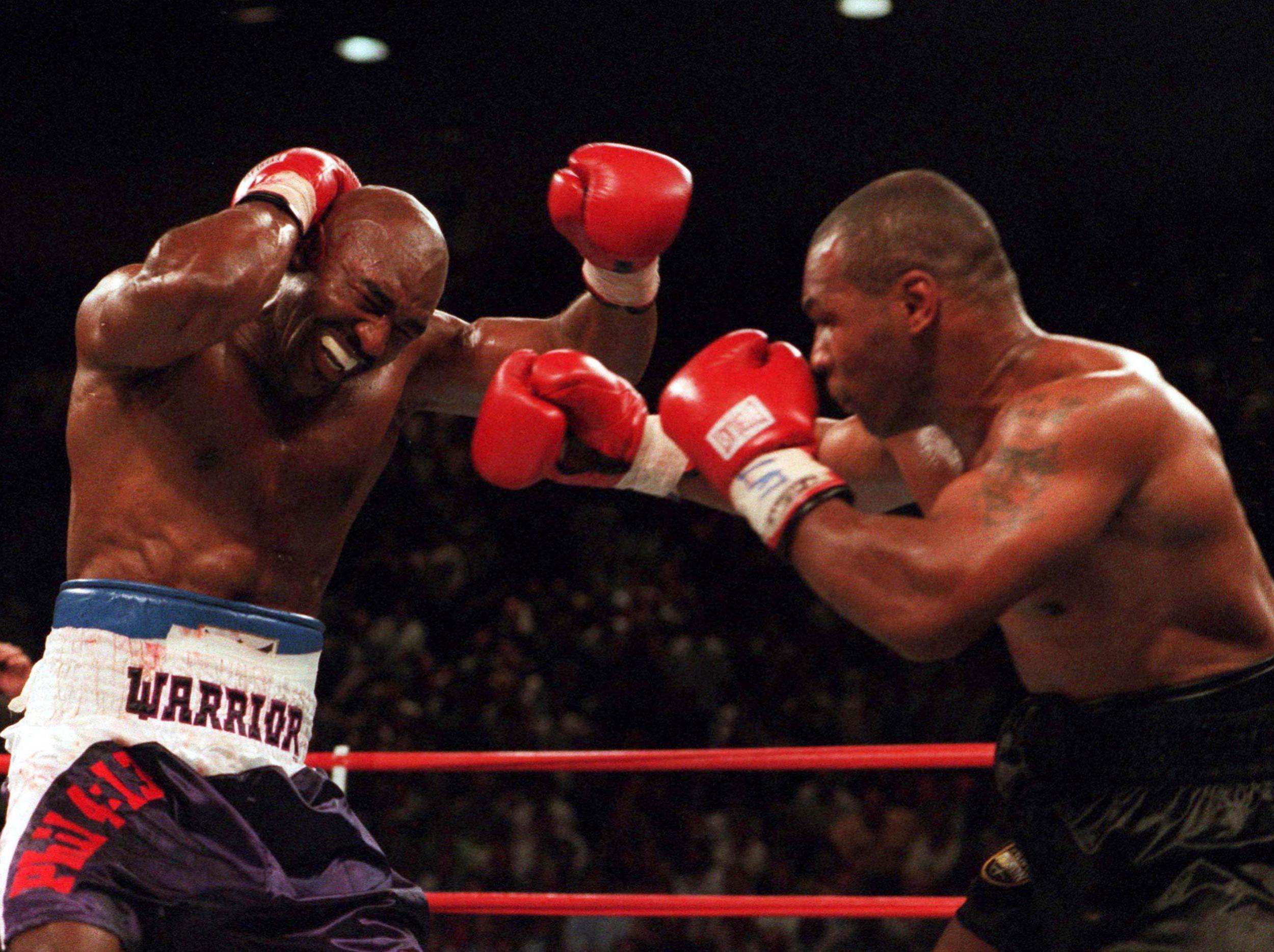 Holyfield reacts in the pair’s infamous 1997 rematch