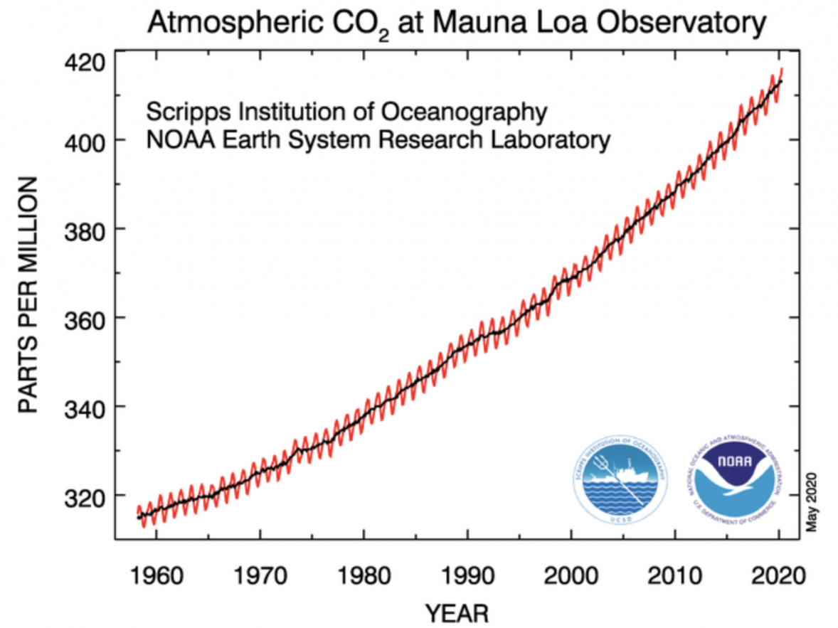 Monthly mean carbon dioxide measured at Mauna Loa Observatory, Hawaii