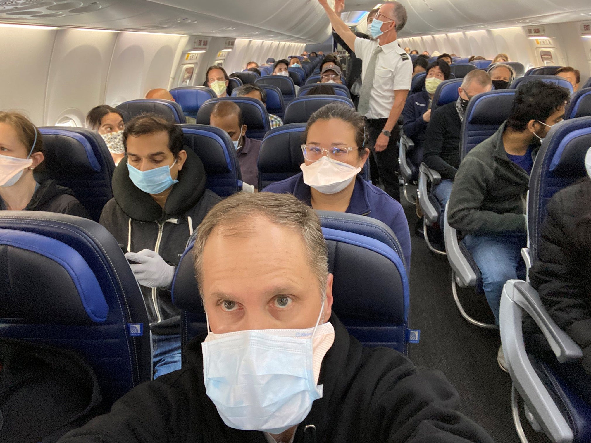 Ethan Weiss onboard a United Airlines flight to San Francisco