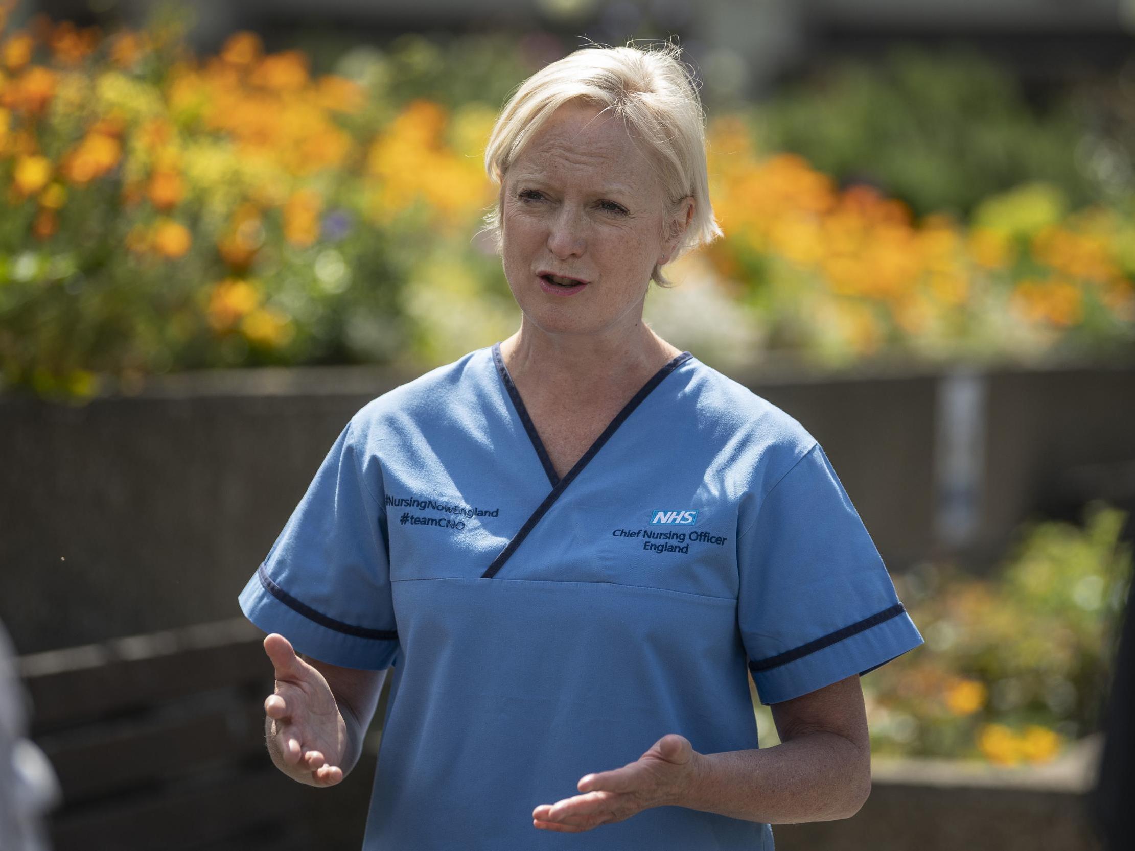 Ruth May, chief nursing officer for England, outside St Thomas's Hospital in central London on International Nurses Day, 12 May 2020