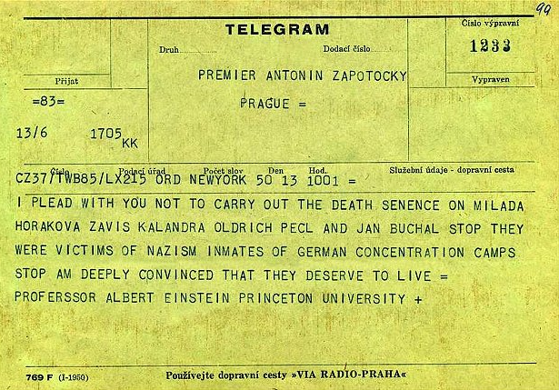 The telegram Einstein sent to authorities in 1950 to plead for Horakova’s innocence