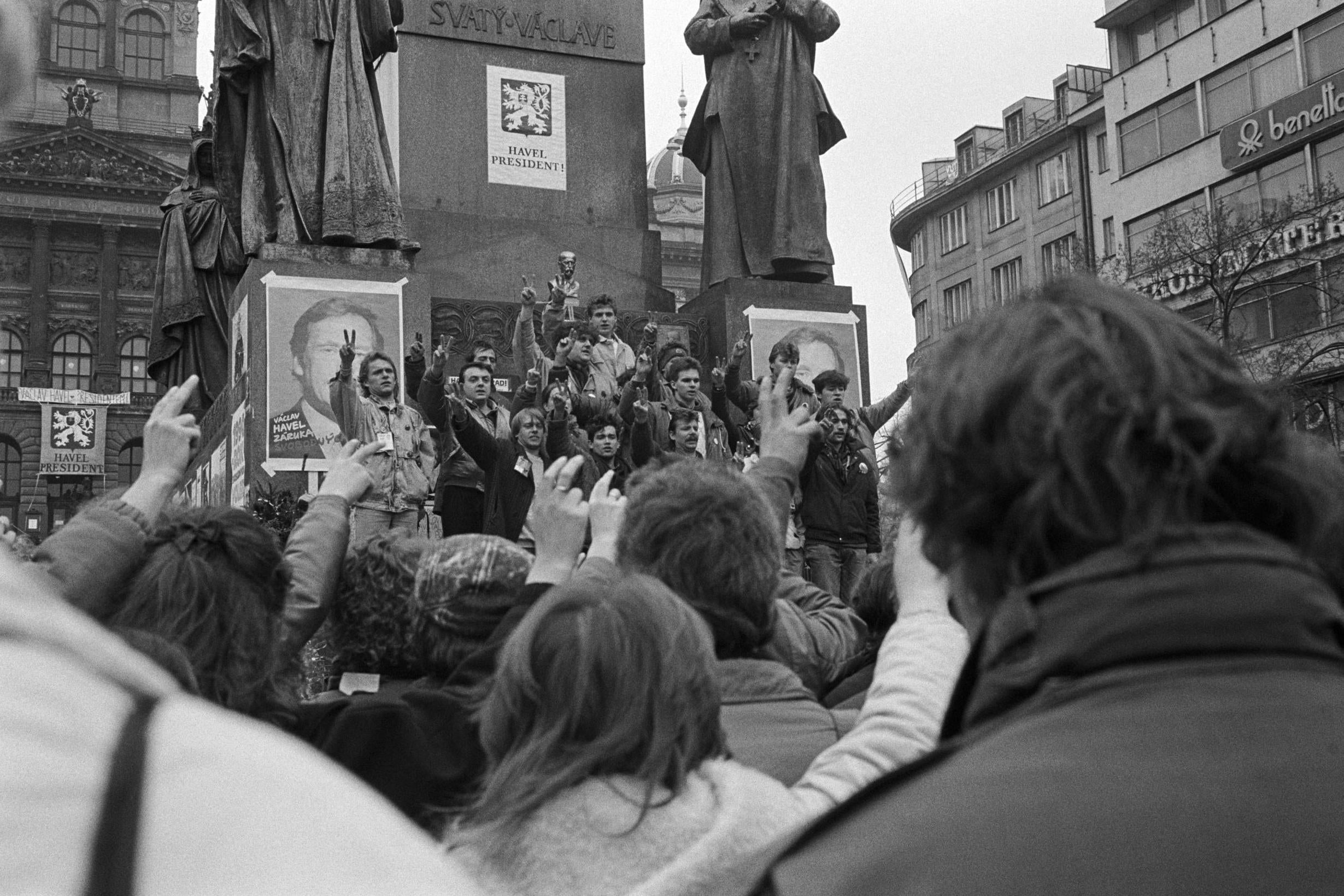 Supporters of Vaclav Havel celebrate his election after the Velvet Revolution in 1989, in which the Communist government of Czechoslovakia was peacefully overthrown