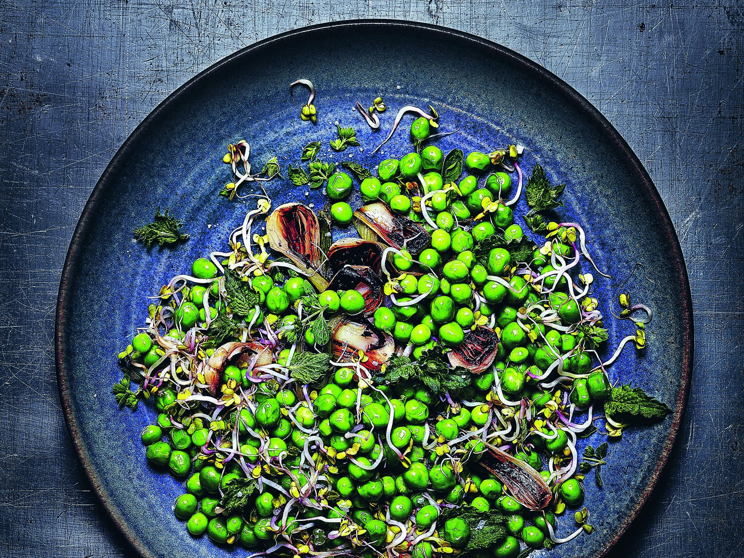 Toast peas in the pods for 10 minutes on the barbecue along with spring onions for this salad