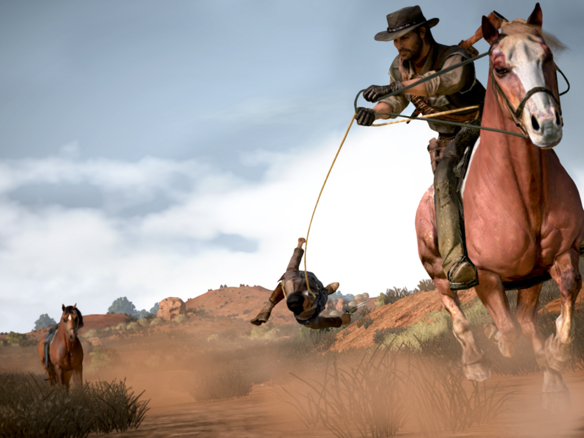 John Marston (voiced by Robert Allen Wiethoff) drags an enemy behind his horse