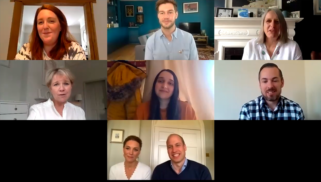 Duke and Duchess of Cambridge (bottom row) speak to Crisis volunteers. The volunteers on the call were (top row, left to right) Jo Irwin, Alexis Caught and Jo Booth, and (second row, left to right) CEO Victoria Hornby, Michelle Fernandes and Kiel McPhilips