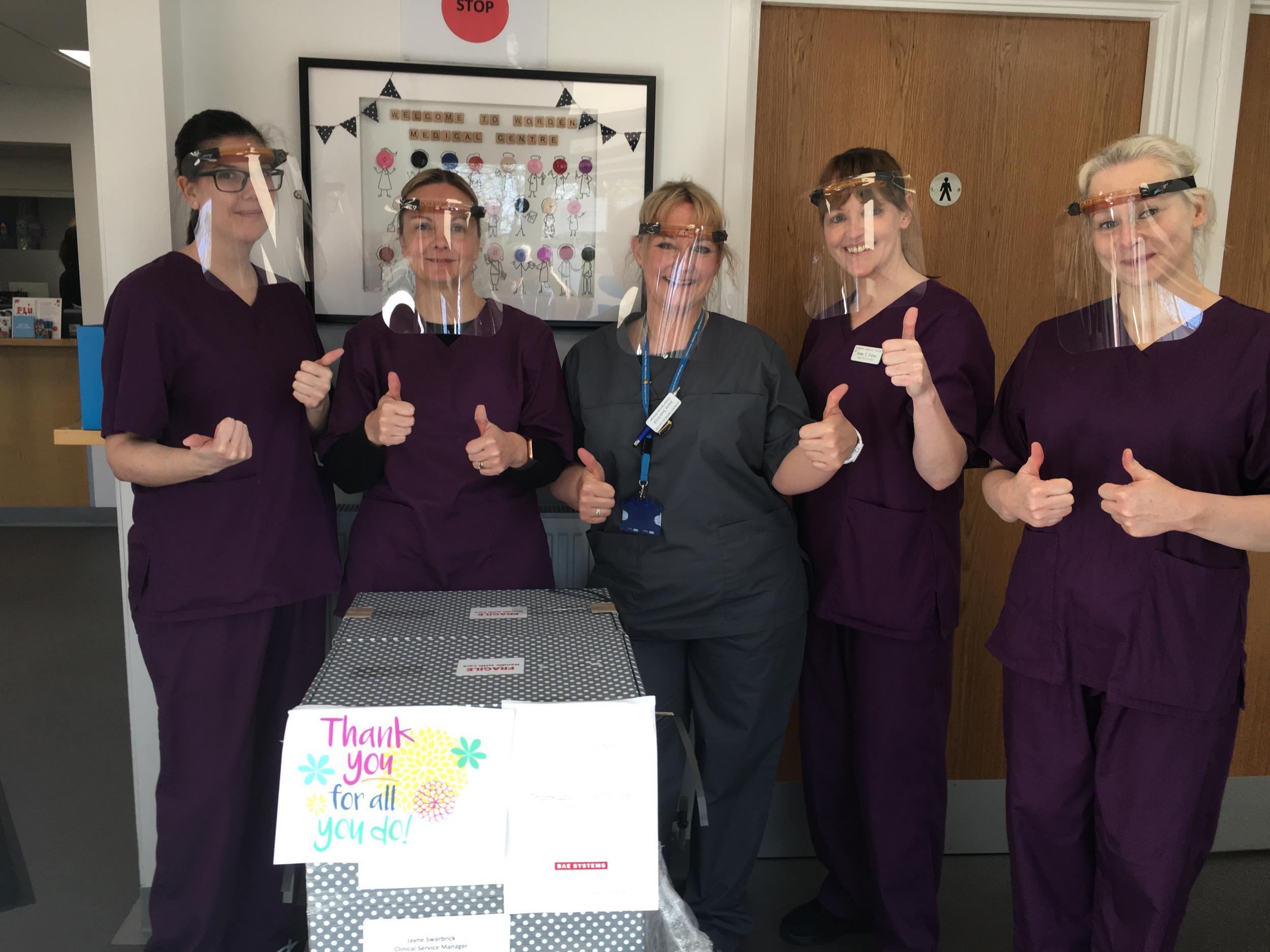 Jayne Swarbrick and colleagues at Worden Medical Centre, who have been supplied with PPE from BAe Systems