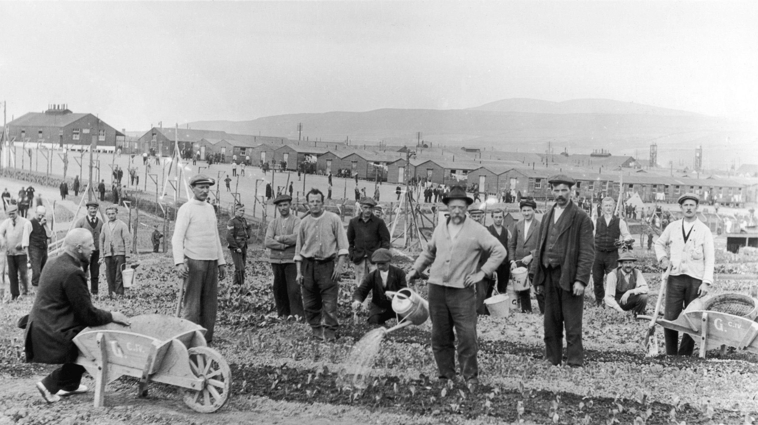 Prisoners work the fields at Knockaloe camp on the Isle of Man