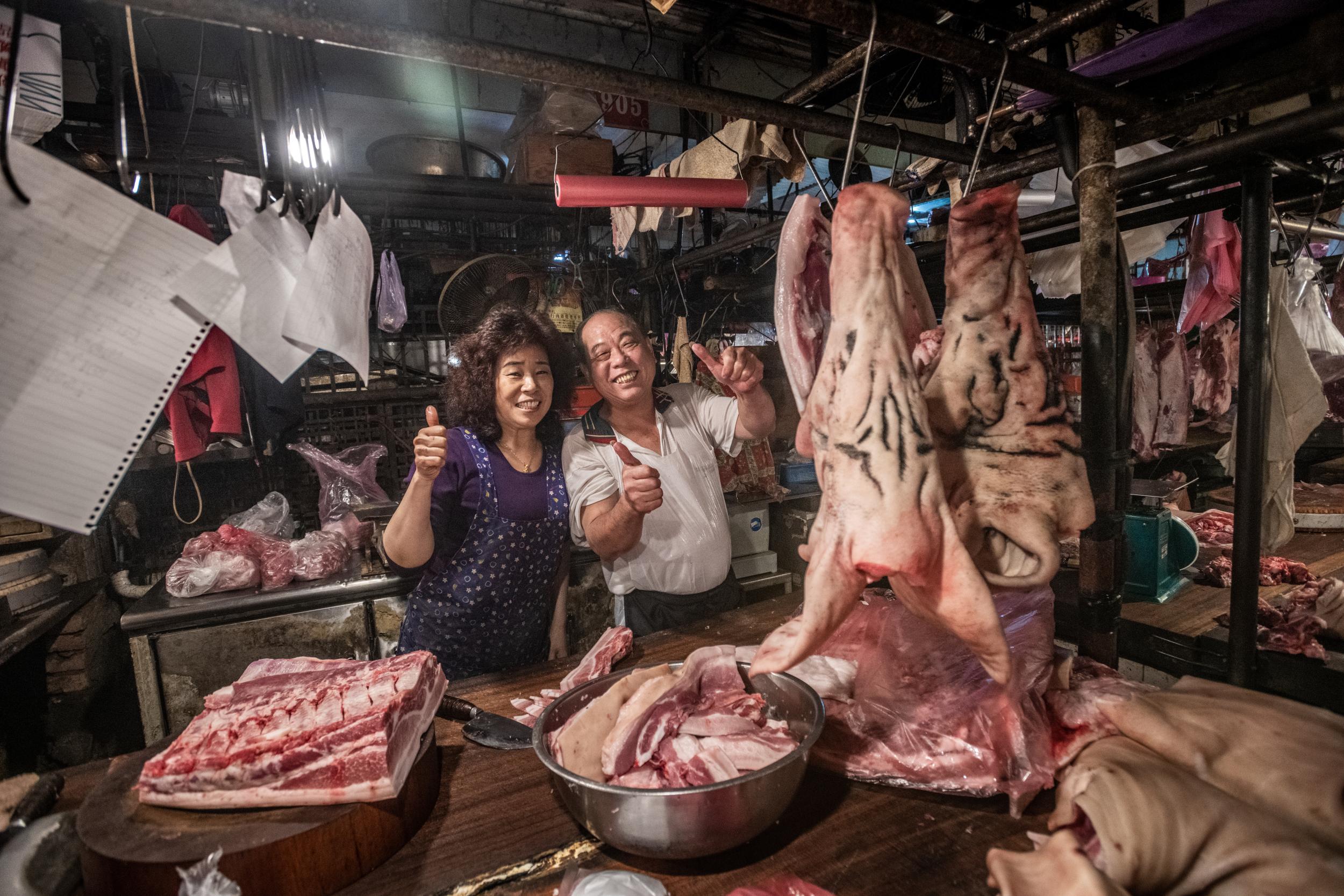 An open-air meat stall in Taiwan