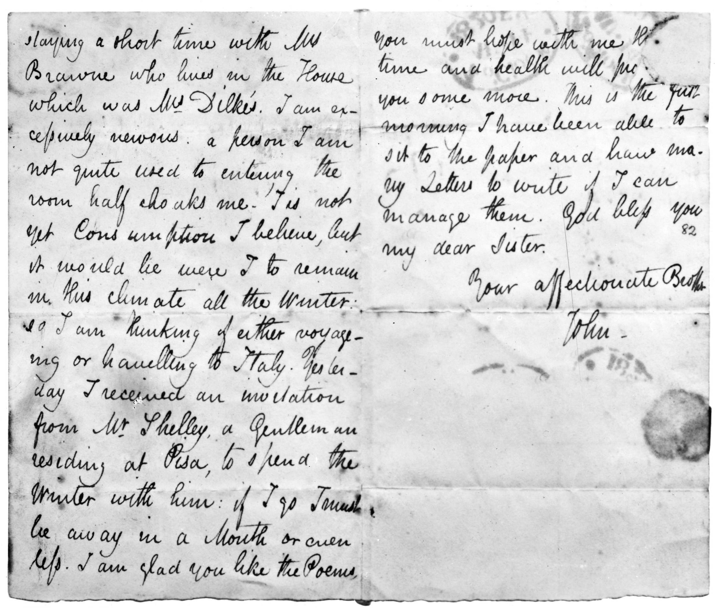 A letter, dated 1820, telling his sister of his decision to travel to Italy