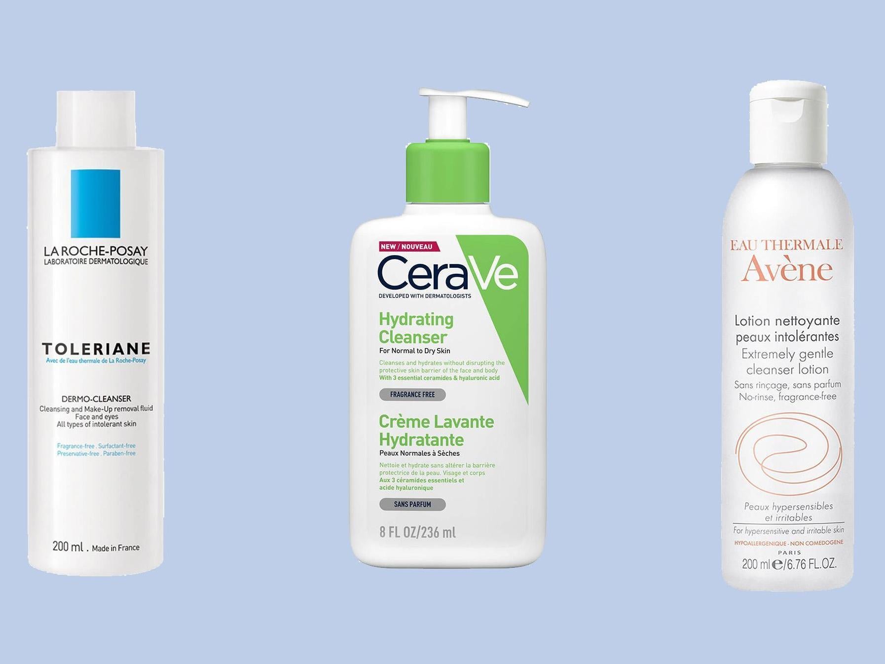 La Roche Posay’s Toleriane Dermo Cleanser, £12.50, Look Fantastic; Cerave’s Hydrating Cleanser, £9.50, Look Fantastic; Avène Extremely Gentle Cleanser, £10.49, Superdrug