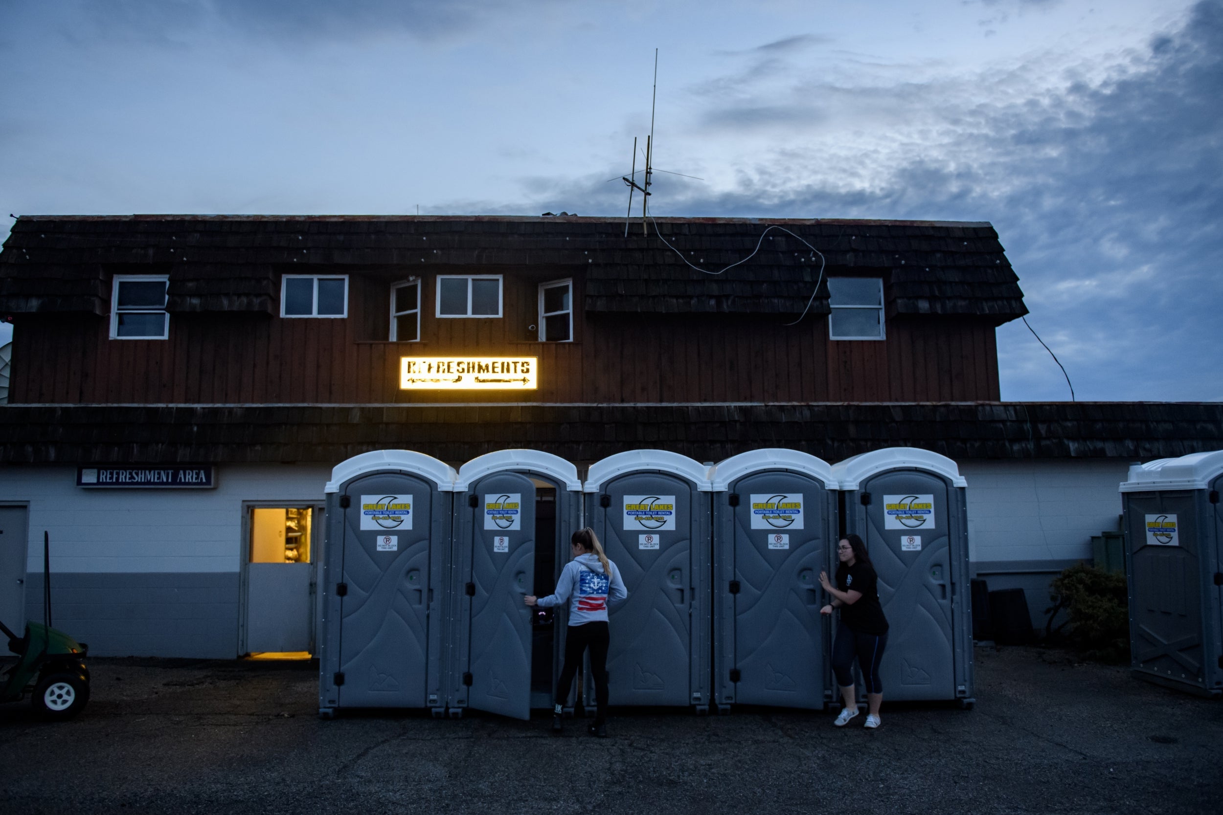 Portable toilets outside the Aut-O-Rama Twin Drive-In theater in Ohio (The Washington Post)