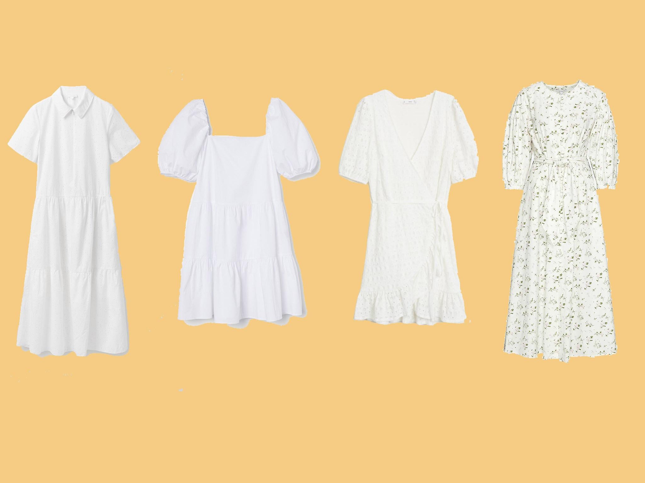 Embroidered Dress with Gathered Panels, £55, Cos; Puff Sleeved Dress, £19.99, H&M; Laser-Cut Details Dress, £29.99, Mango; Olivia Rubin, Annie Puffed-Sleeve Midi Dress, £350, Selfridges