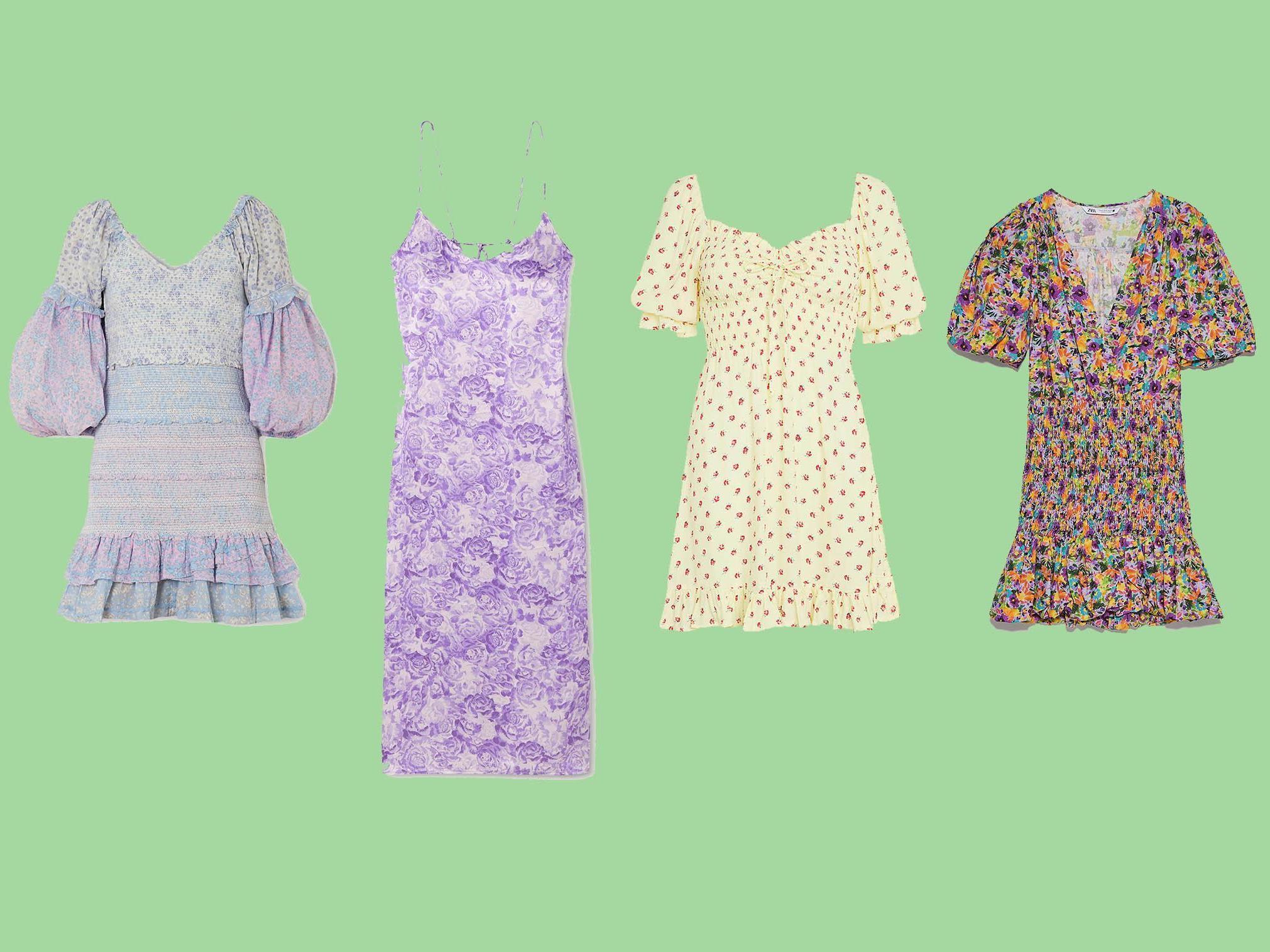 Love Shack Fancy, Ensley Shirred Floral Mini Dress, £376.19, Net-a-Porter; Ganni, Floral Print Satin Midi Dress, £205, Net-a-Porter; Faithfull The Brand, Sage Floral Crepe Mini Dress, £150, Selfridges; Floral Print Dress, £49.99, Zara