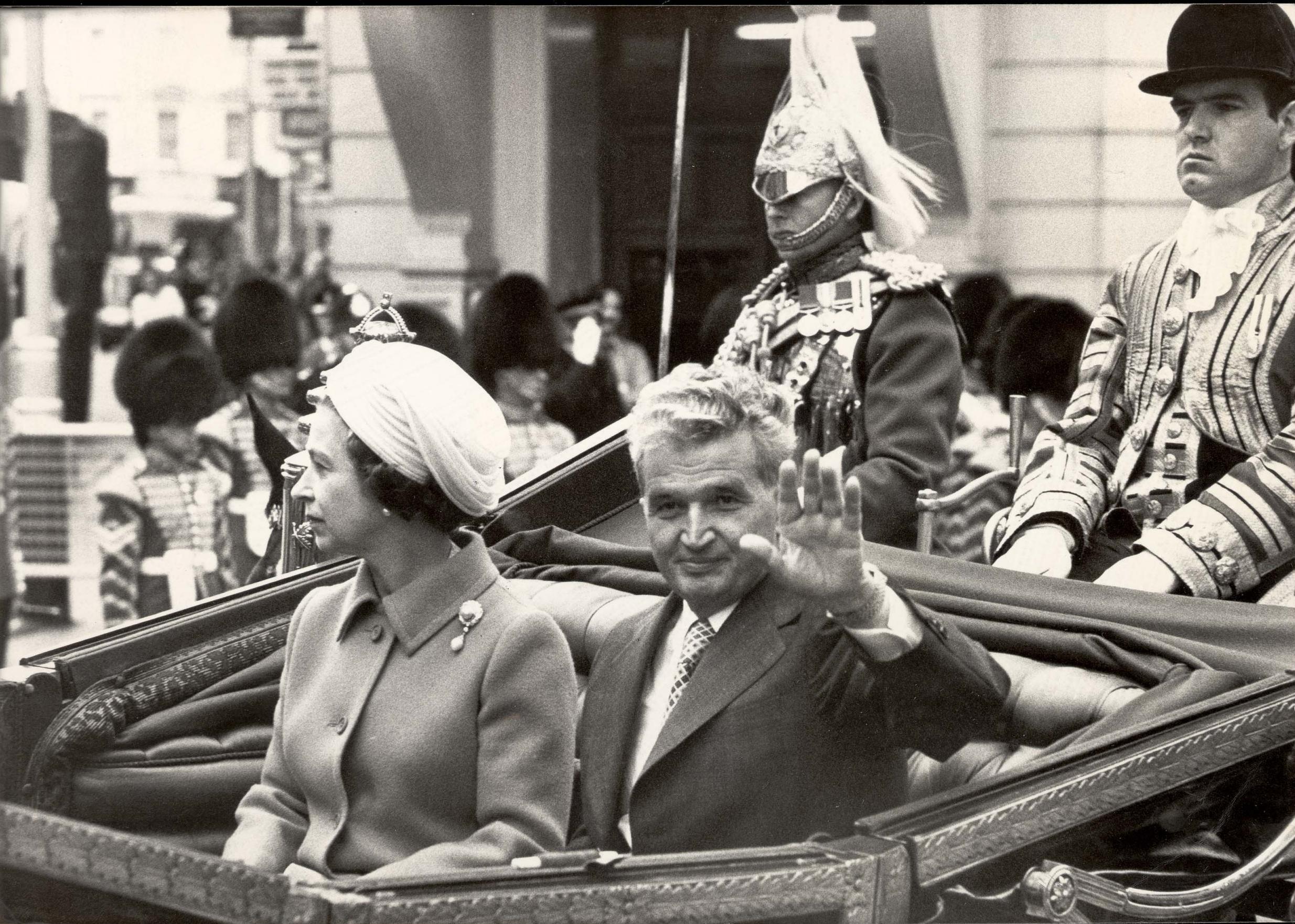 Queen Elizabeth II and Romanian leader Nicolae Ceausescu travelling to Buckingham Palace on 13 June 1978