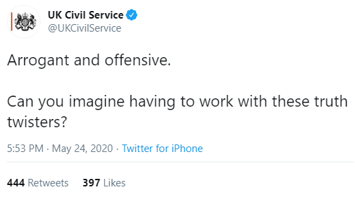 A message sent on the official UK Civil Service Twitter feed moments after Boris Johnson defended his aide Dominic Cummings in a televised briefing.