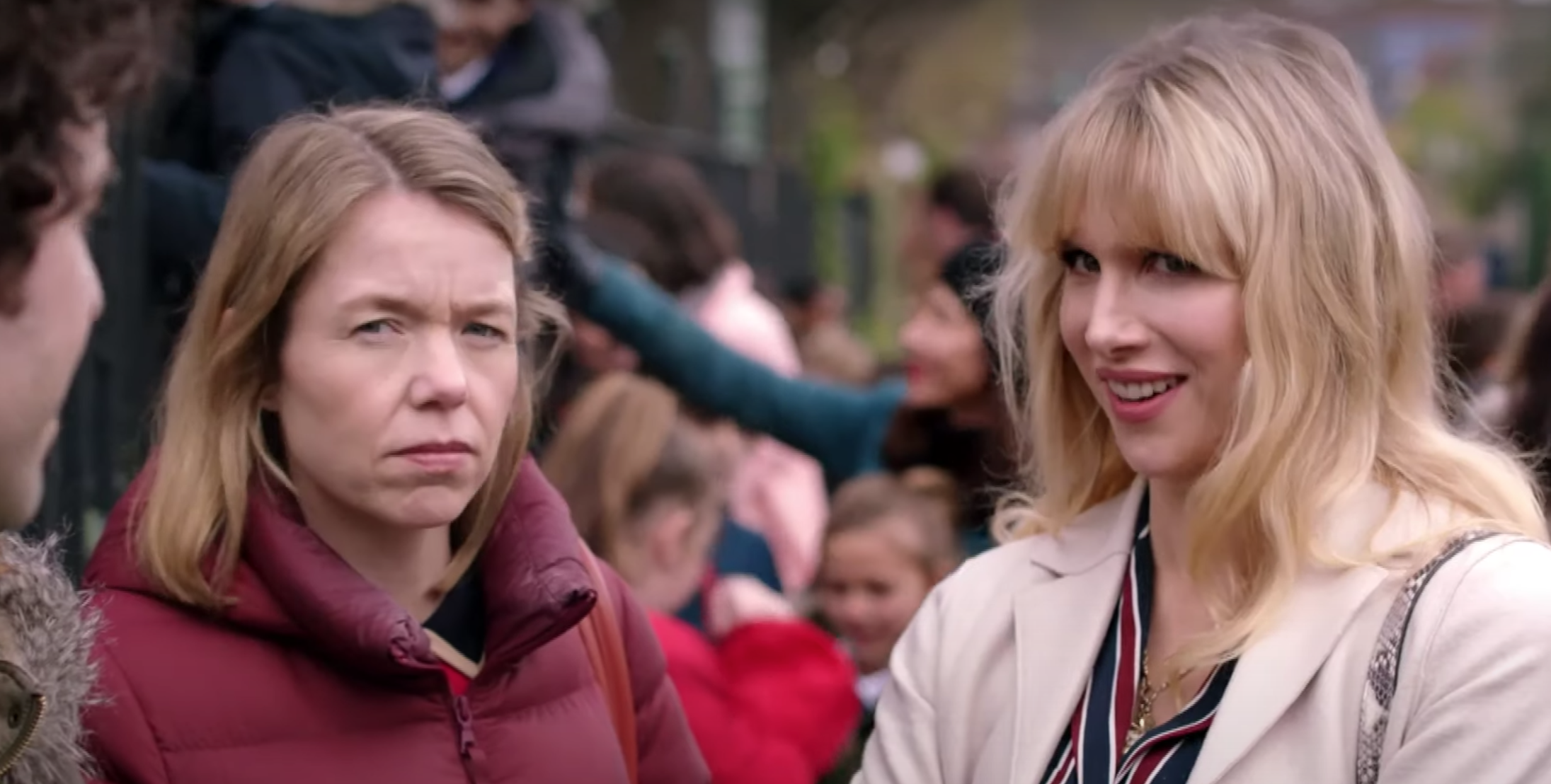 Schoolgate frenemies: Anna Maxwell Martin as the stressed mum Julia and Lucy Punch as the perfect Amanda