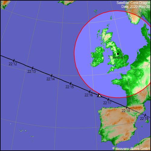 The flight path of the Crew Dragon capsule passes to the south west of the UK. The highlighted circle shows where it will be at least 10 degrees above the horizon