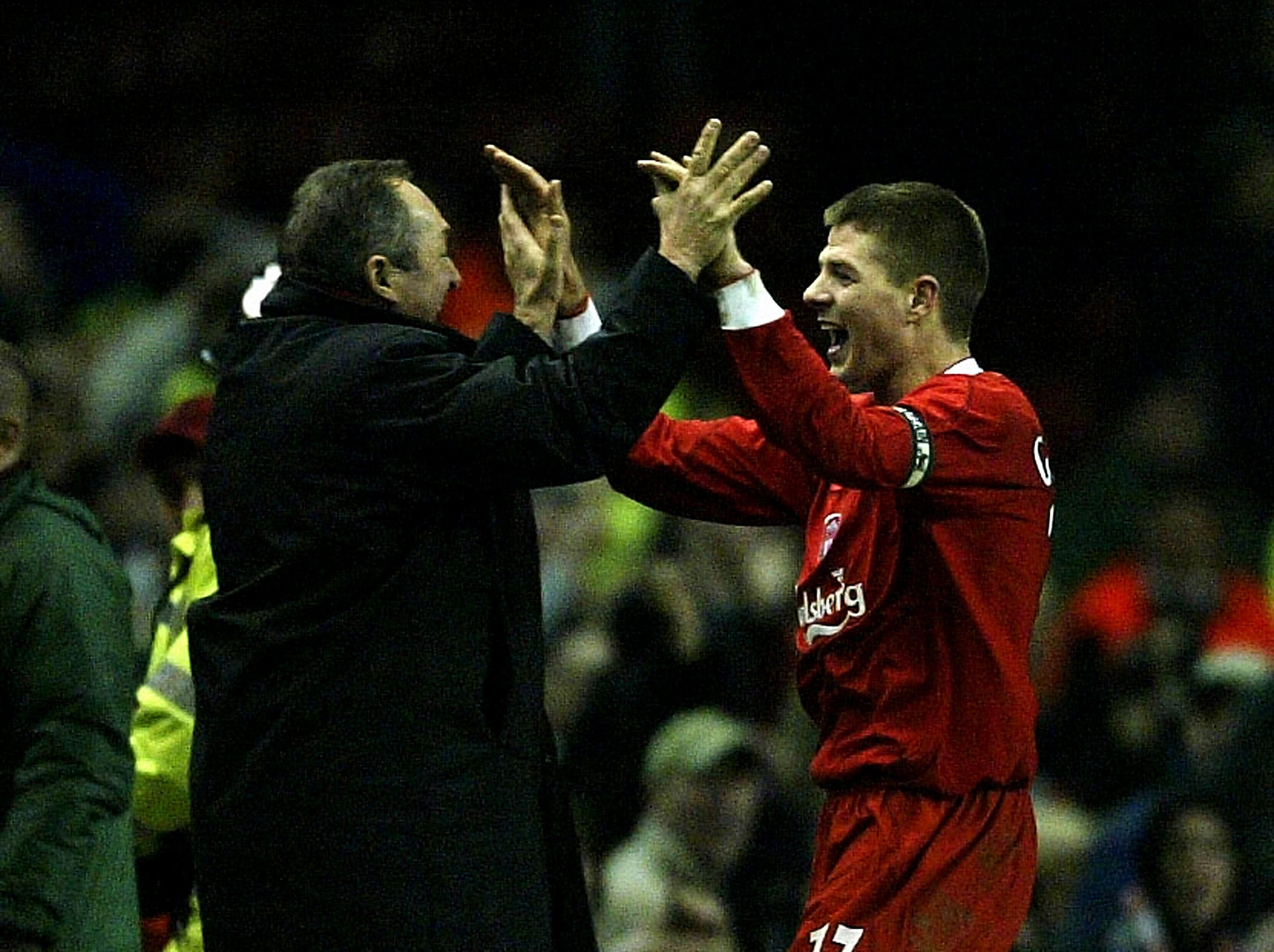 Celebrating victory over Levski Sofia at Anfield in February 2004