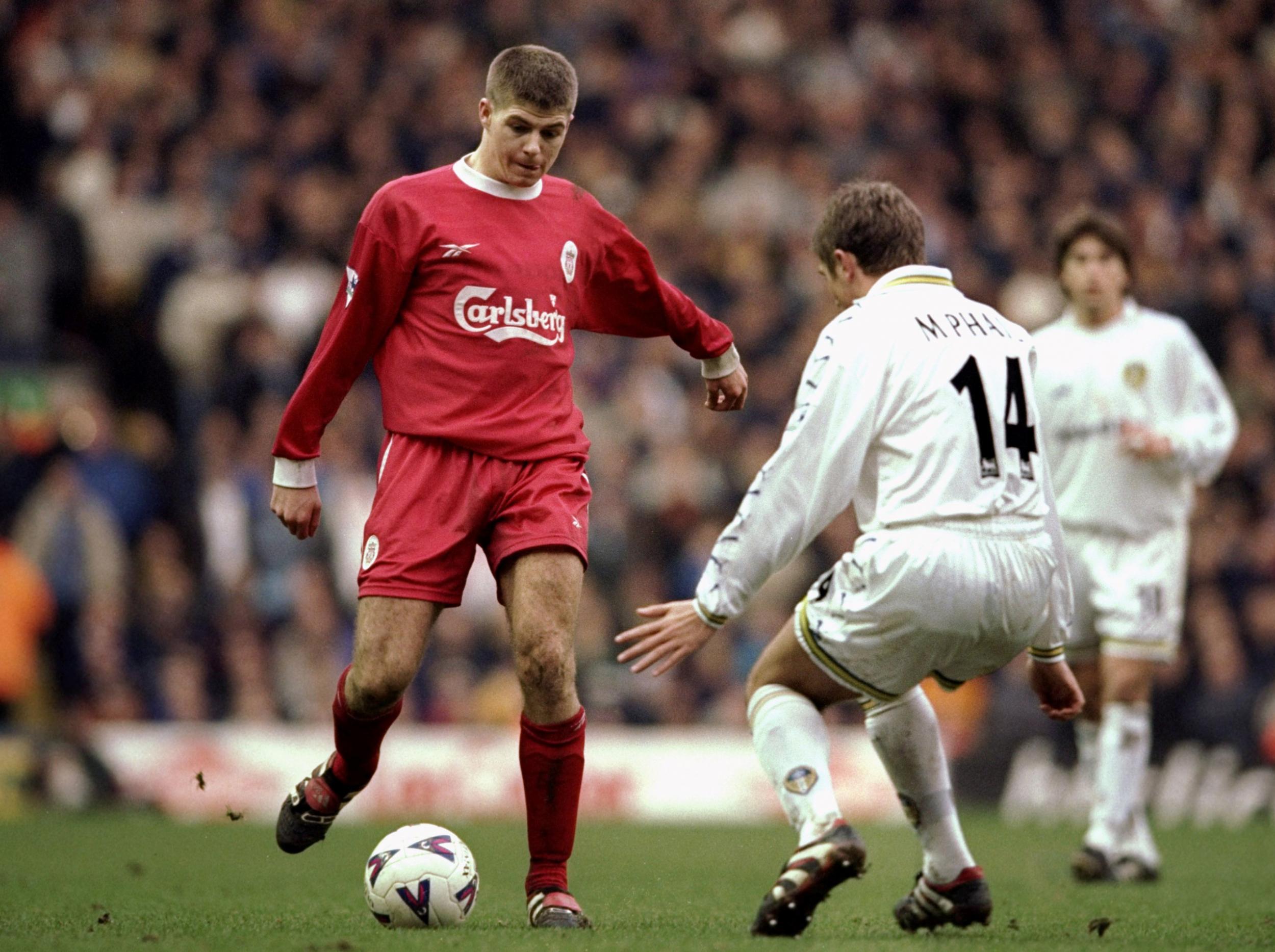 Gerrard in action against Leeds, in February 2000