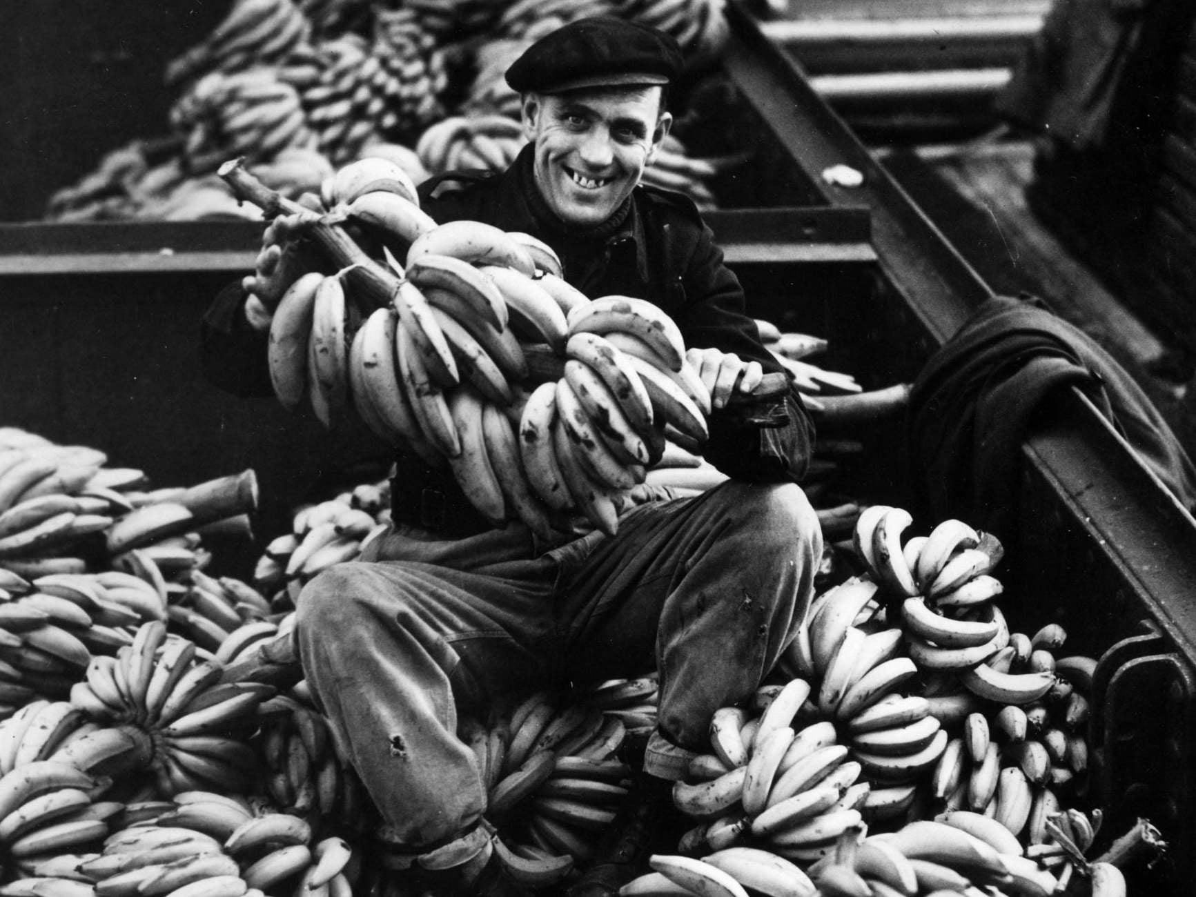 A shiphand on the ‘Jamaica Producer’ sits among the cargo in London’s West India Dock in 1946