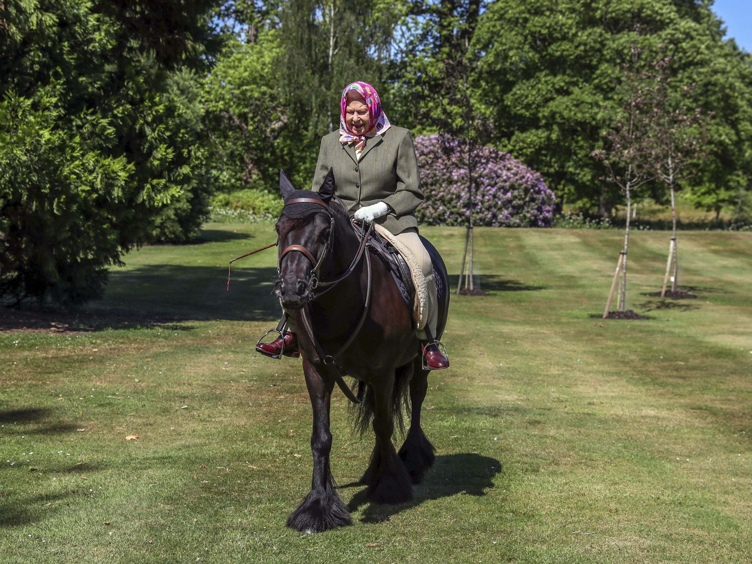 Queen Elizabeth II rides Balmoral Fern, a 14-year-old Fell Pony, in Windsor Home Park over the weekend