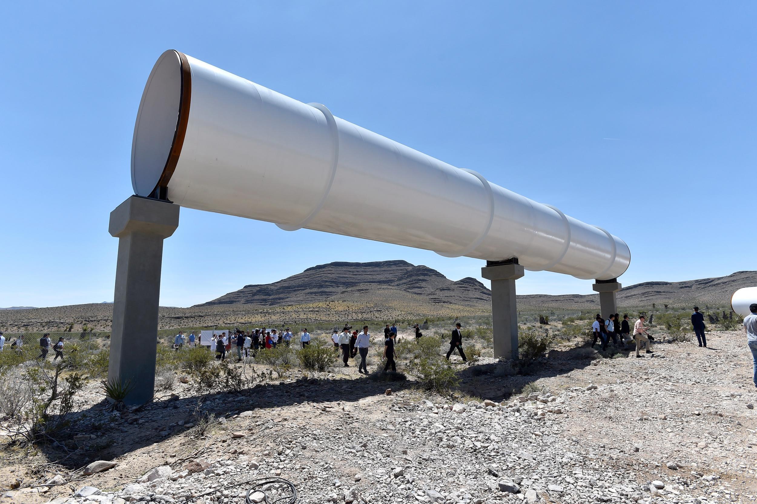 A hyperloop tube on display at the first test of the Virgin propulsion system in Las Vegas in 2016