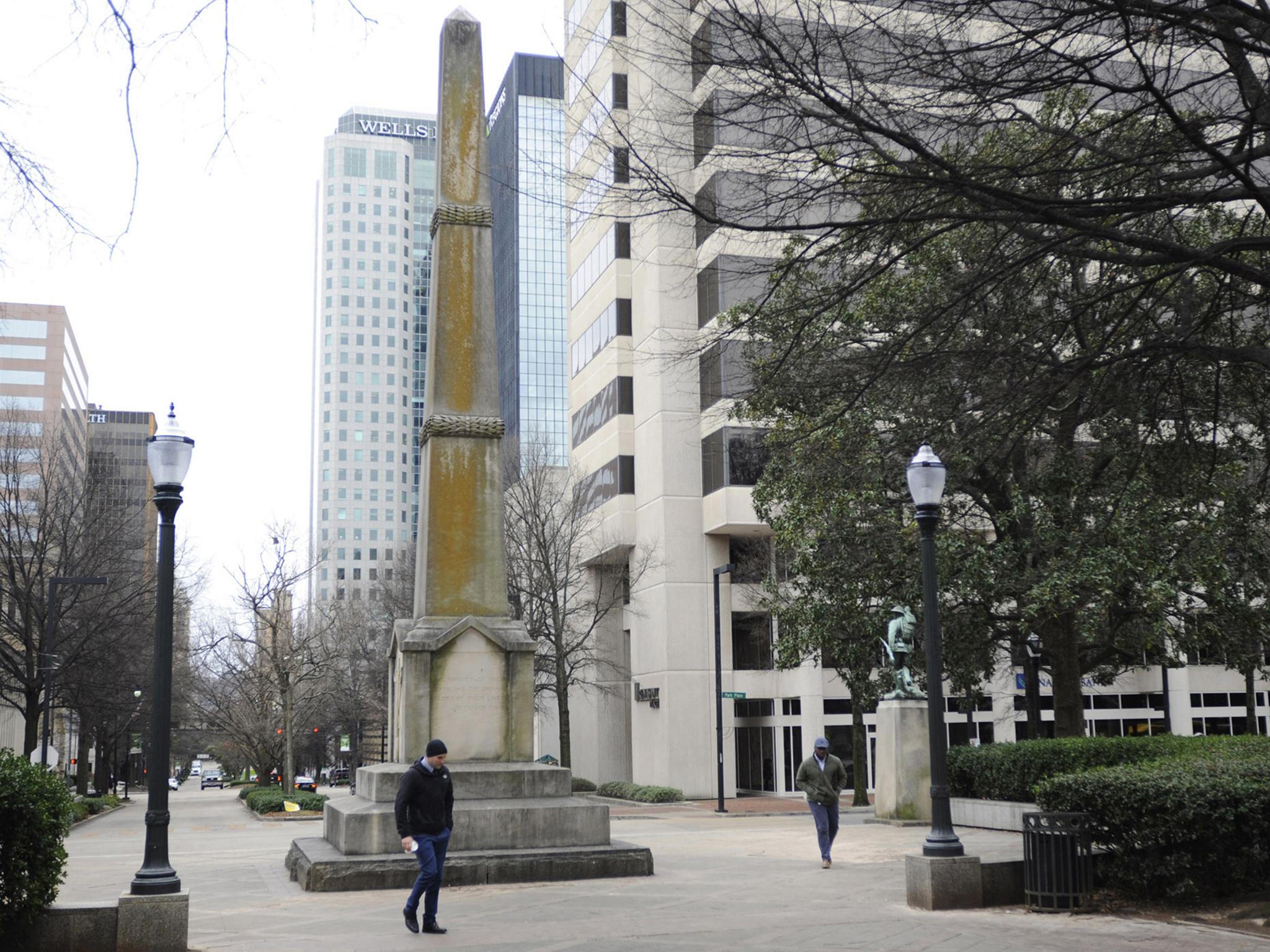 The Confederate monument in Linn Park was targeted by protesters on Sunday