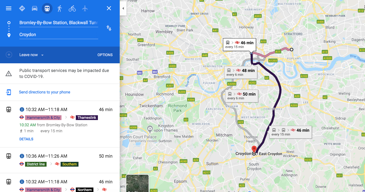 This is roughly how long it would take to get from Walford to Croydon