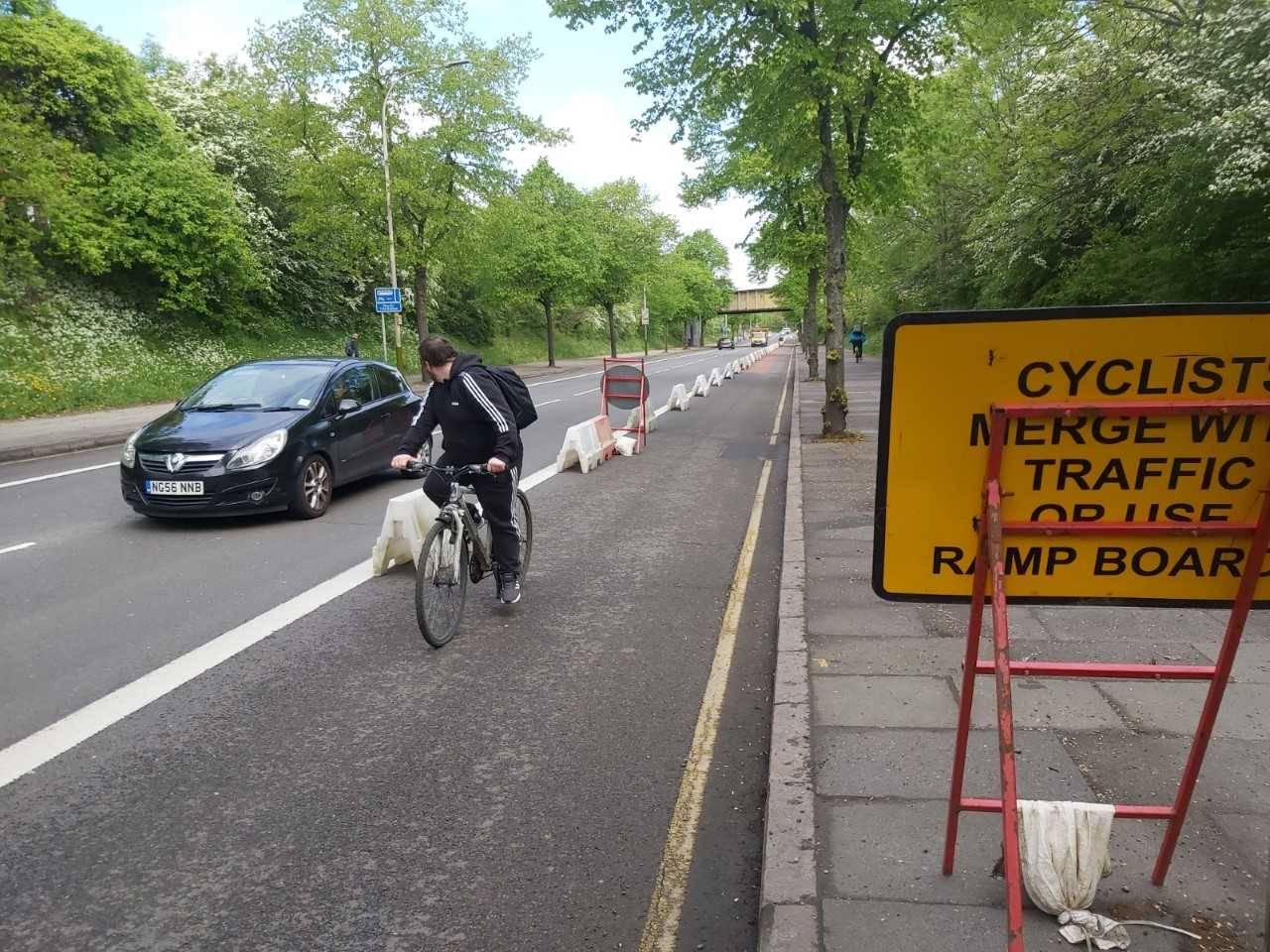 Temporary bike lane in Aylestone Road, Leicester