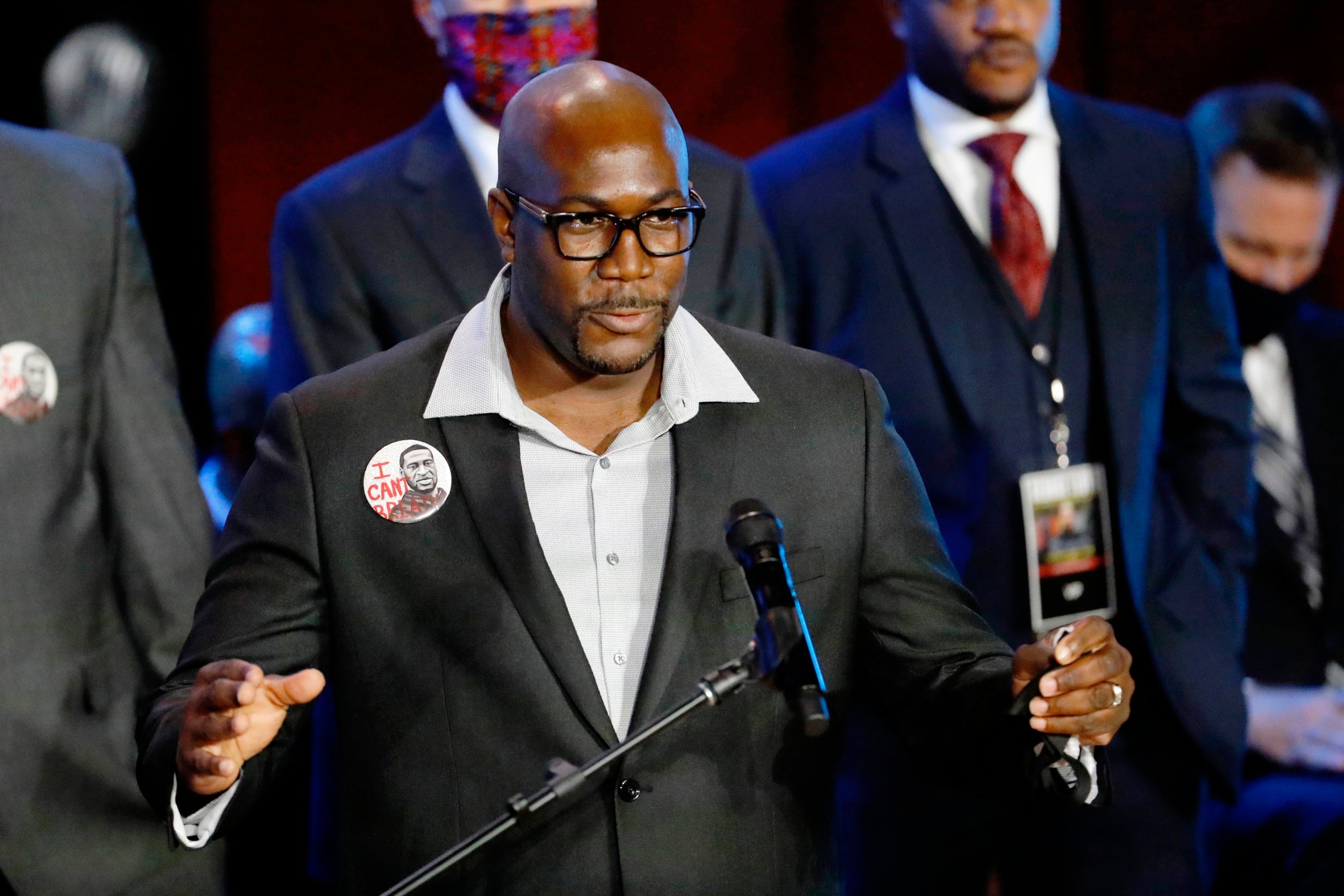 Philonise Floyd speaks at a memorial service for his brother, George Floyd at North Central University in Minneapolis