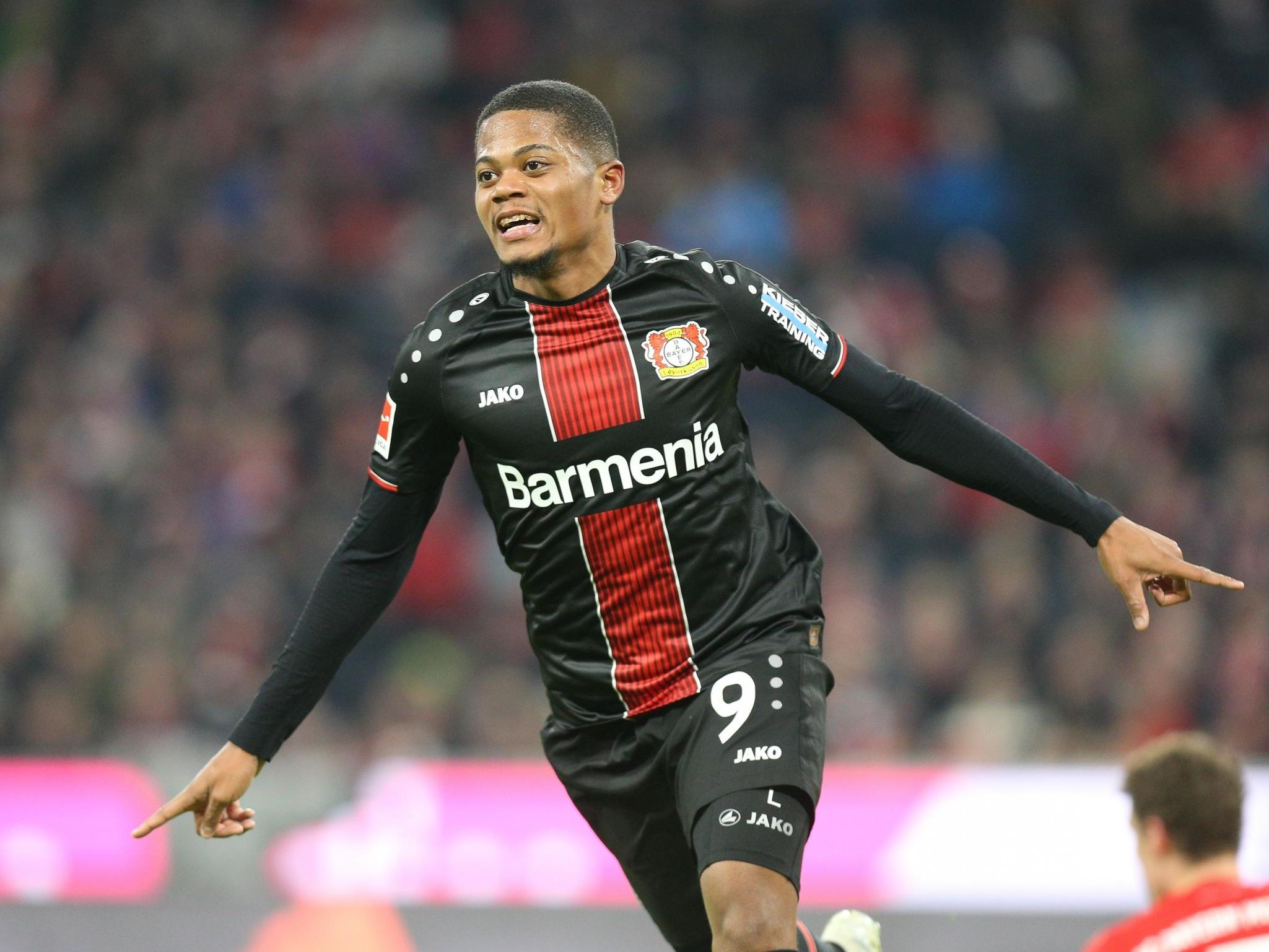 Leon Bailey celebrates scoring against Bayern Munich in November, 2019