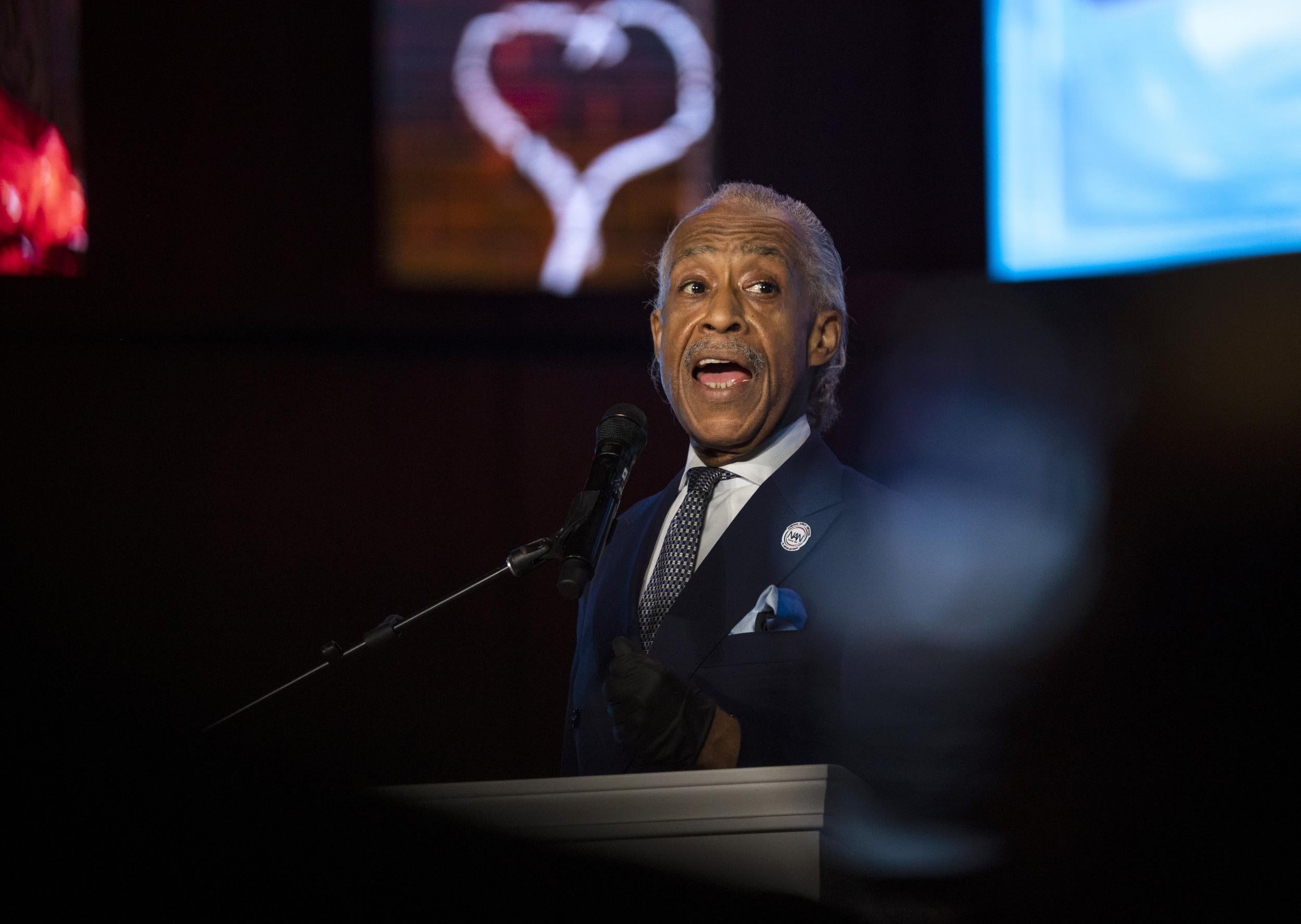 Reverend Al Sharpton performs a eulogy during a memorial service for George Floyd at North Central University on Thursday