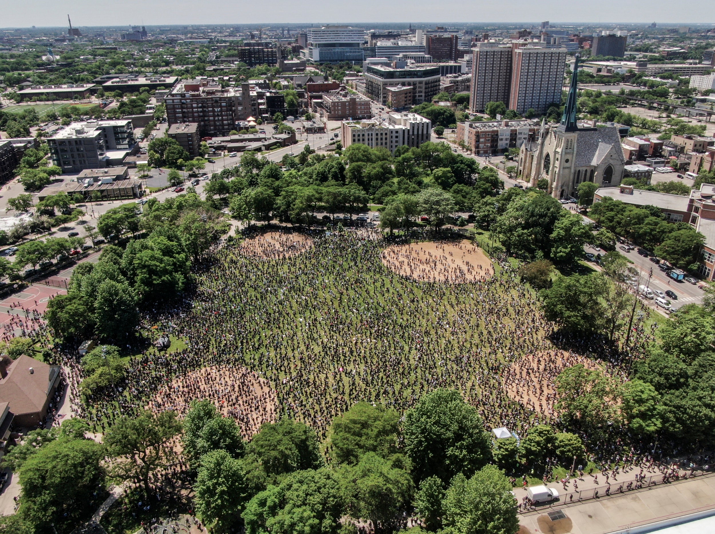 An aerial photo made with a drone shows a large group gathered in Union Park to protest the arrest of George Floyd, who later died in police custody, in Chicago, Illinois
