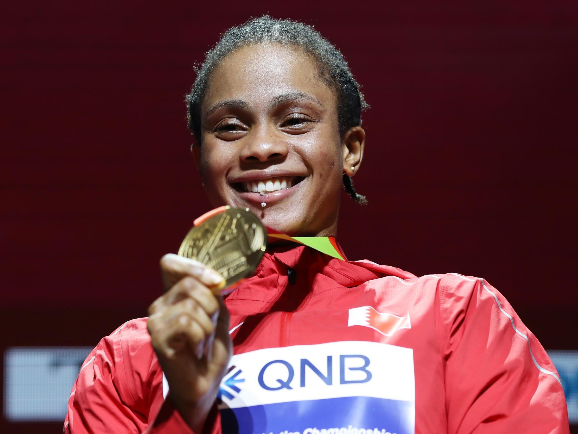 Salwa Eid Naser celebrates winning the 400m at the 2019 World Athletics Championships