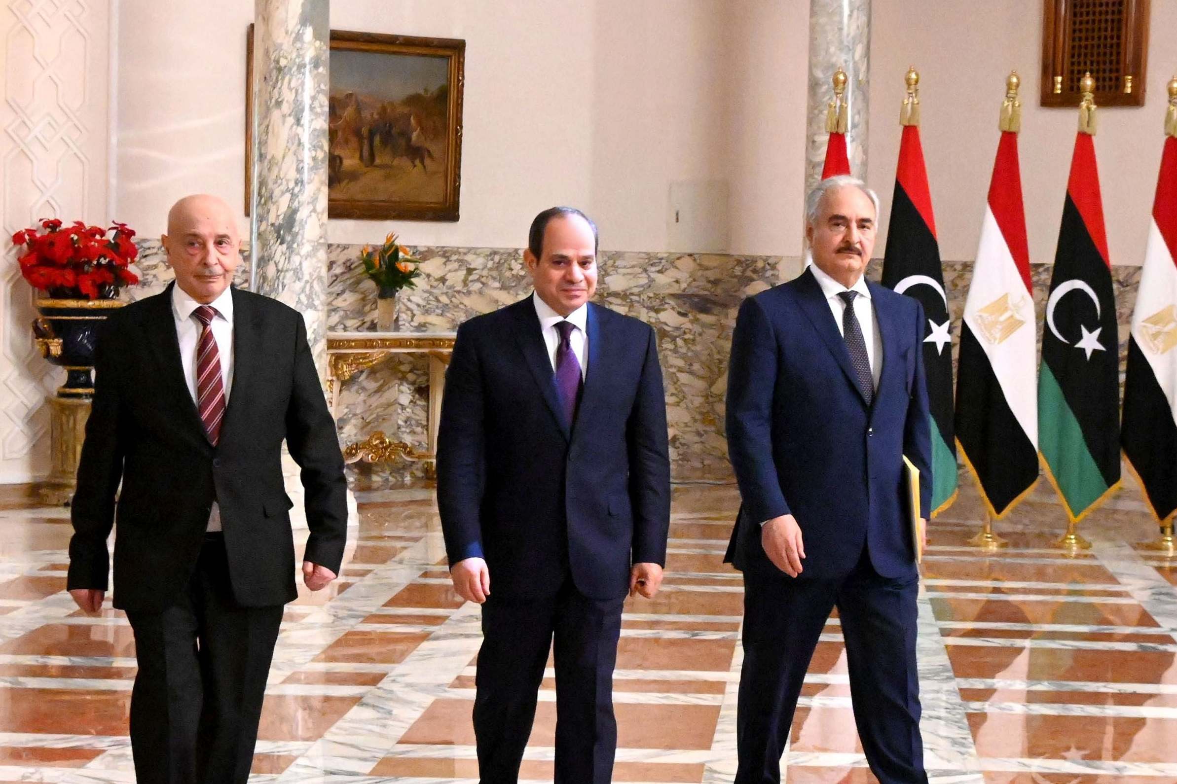 Egyptian President Abdel Fattah al-Sisi, Libyan commander Khalifa Haftar and the Libyan Parliament speaker Aguila Saleh (EGYPTIAN PRESIDENCY/AFP via Getty)