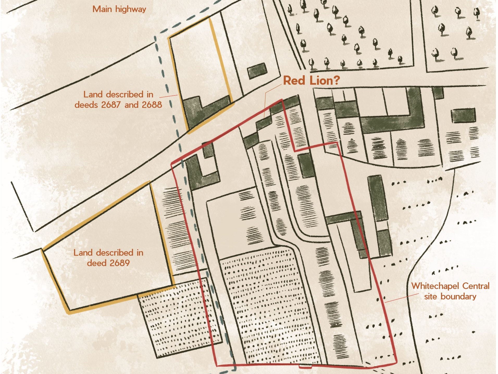 Excavation area and location of Red Lion based on an 18th century map and historical land deeds