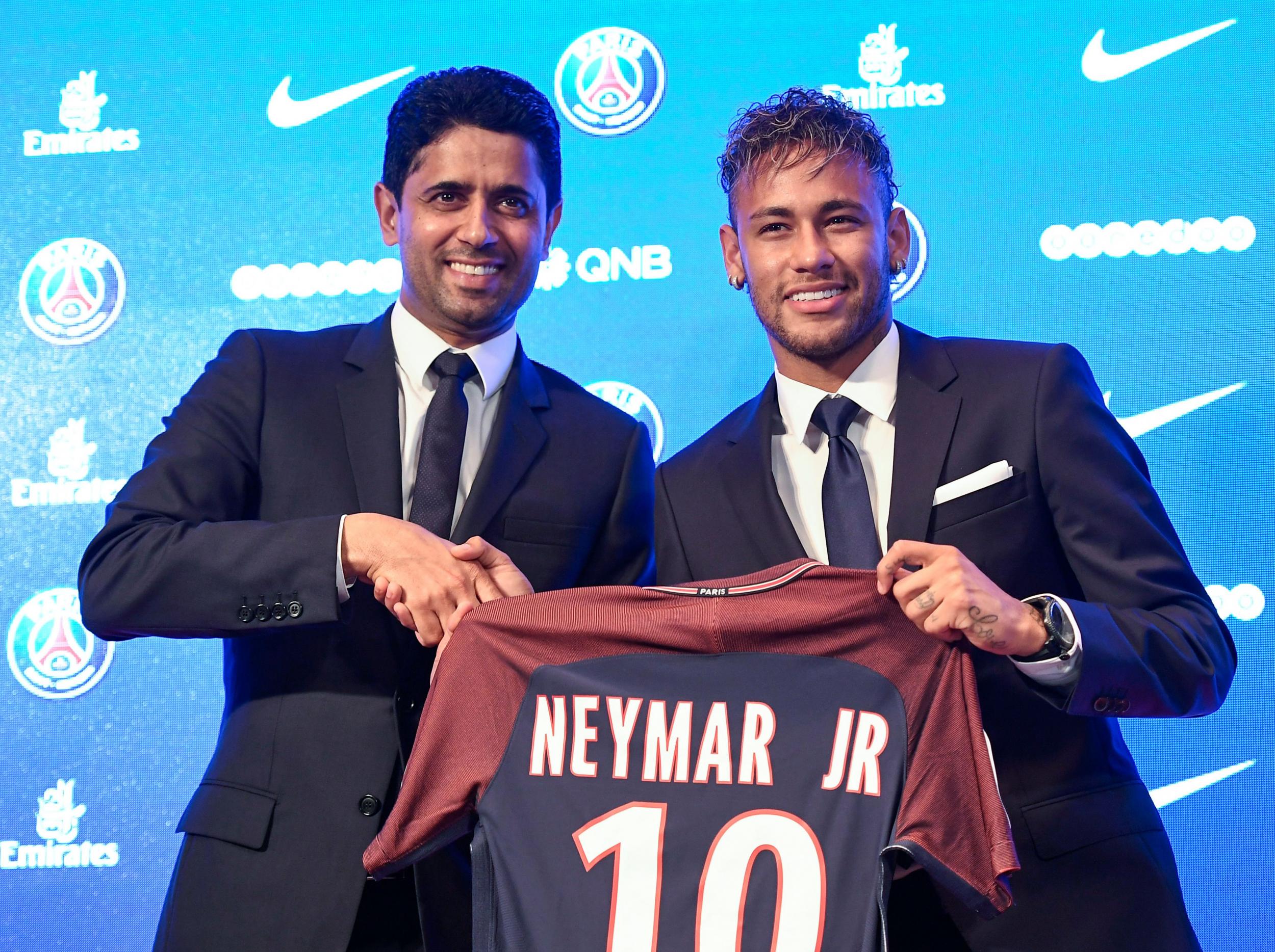 PSG chairman Nasser Al-Khelaifi unveiling Neymar in 2017