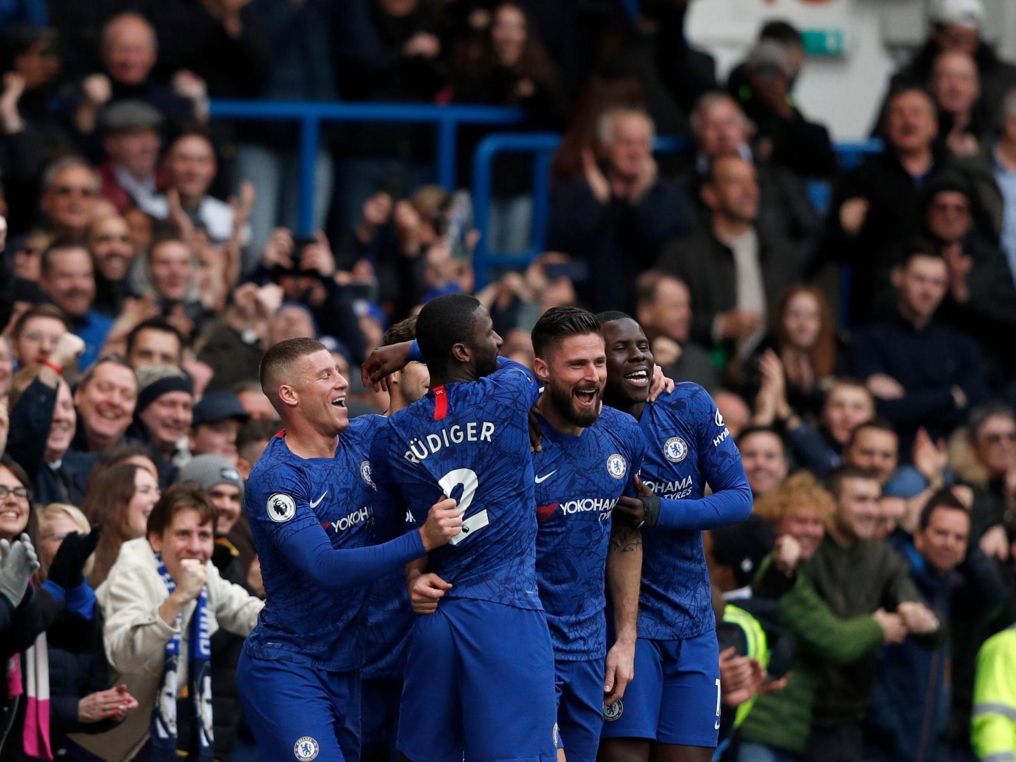 Chelsea celebrate against Everton before the league was suspended