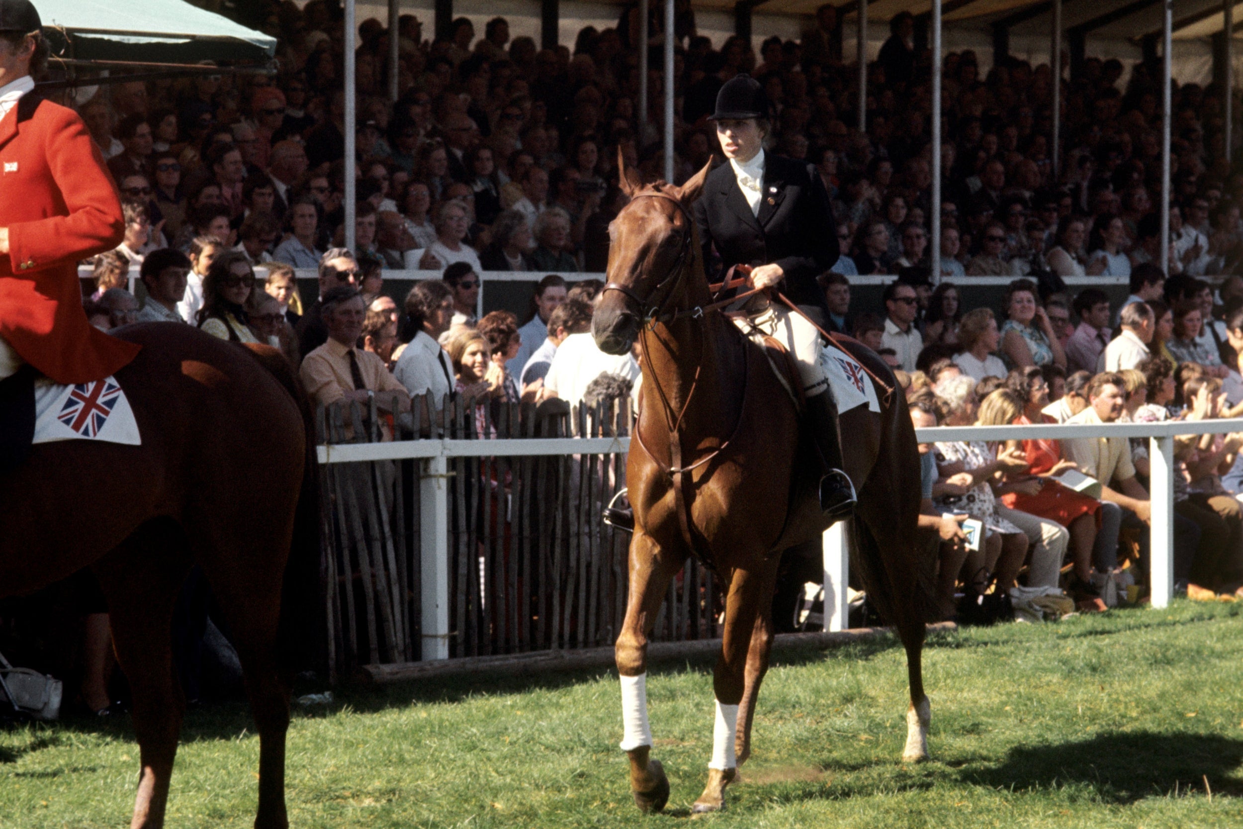 Princess Anne on Doublet after she became the Individual European three-day even champion at Burghley, 1 September 1971