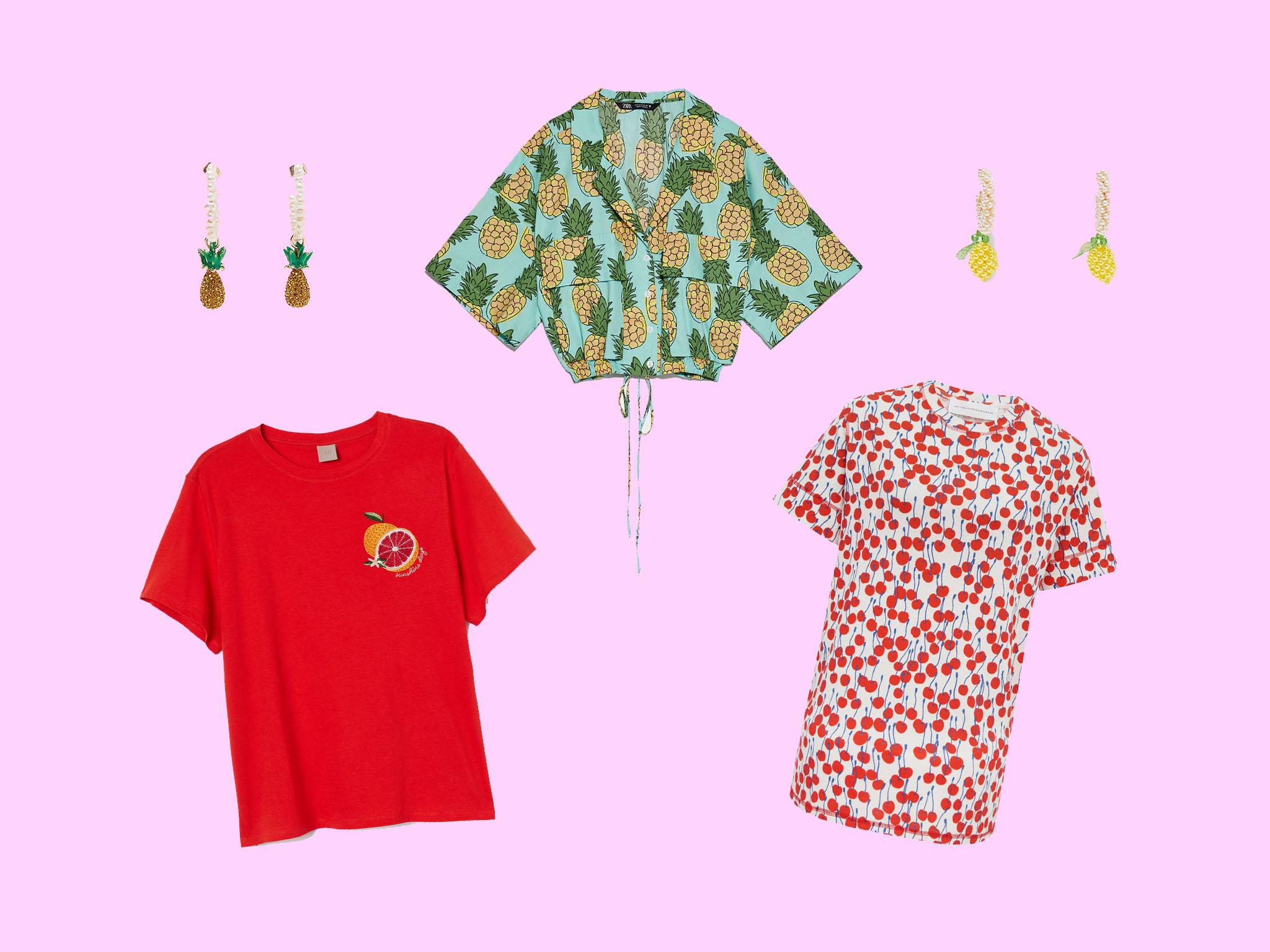 Pineapple Earrings, £12.99, Zara; Cotton T-Shirt, £9.99, H&amp;M; Pineapple Print Crop Top, £25.99, Zara; Victoria Beckham, Cherry Print T-Shirt, £84, Farfetch; Lemon Earrings, £12.99, Zara