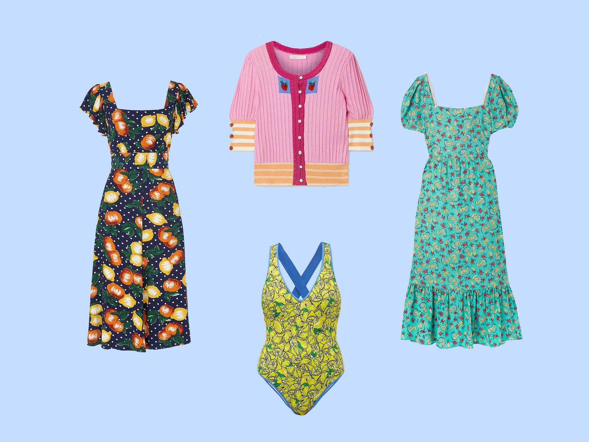 Alora Fruit Print Dress, £69, Kitri; Love Shack Fancy, Benny Crochet cardigan, £309.53, Net-a-Porter; Diane Von Furstenberg, Katelyn Lemon-Print Swimsuit, Matches Fashion; HVN, Fromer Printed Midi Dress, £590, Net-a-Porter