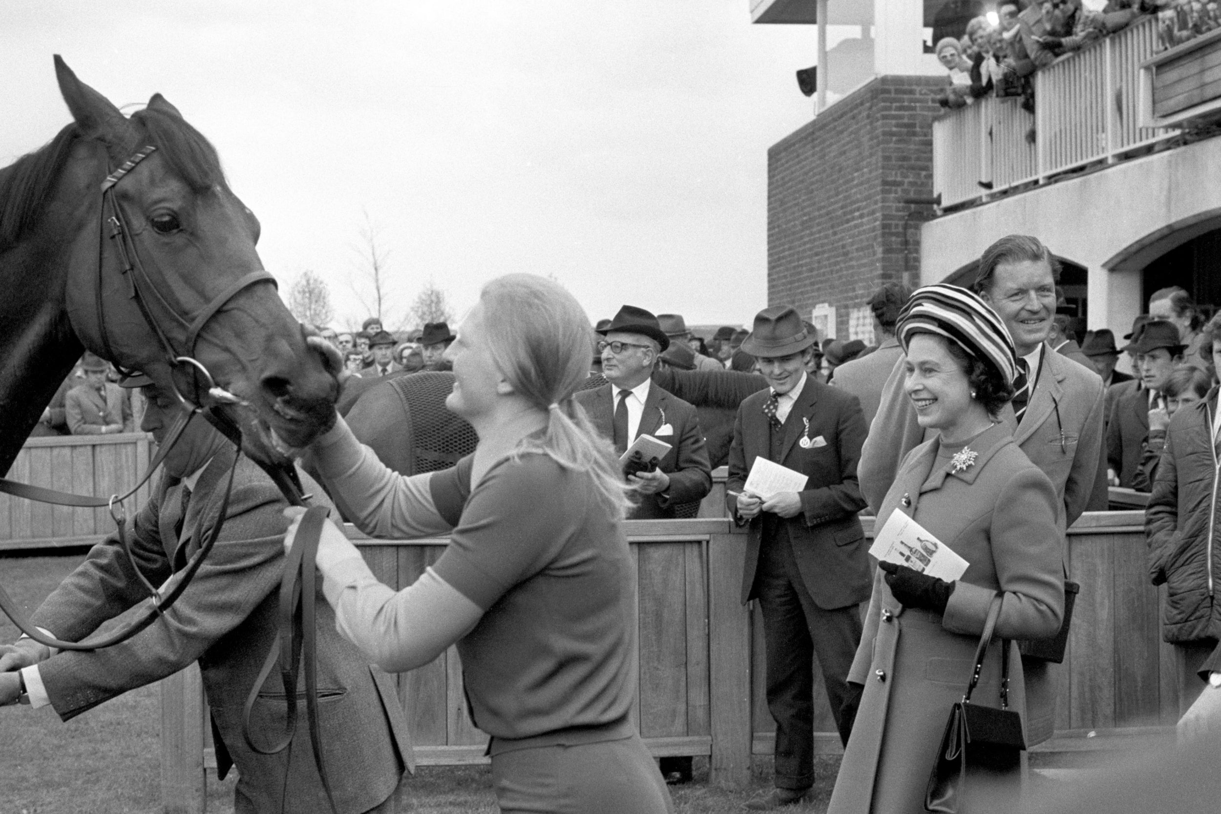 The Queen is all smiles after her horse, Highclere wins the 1000 Guineas at Newmarket, 2 May 1974