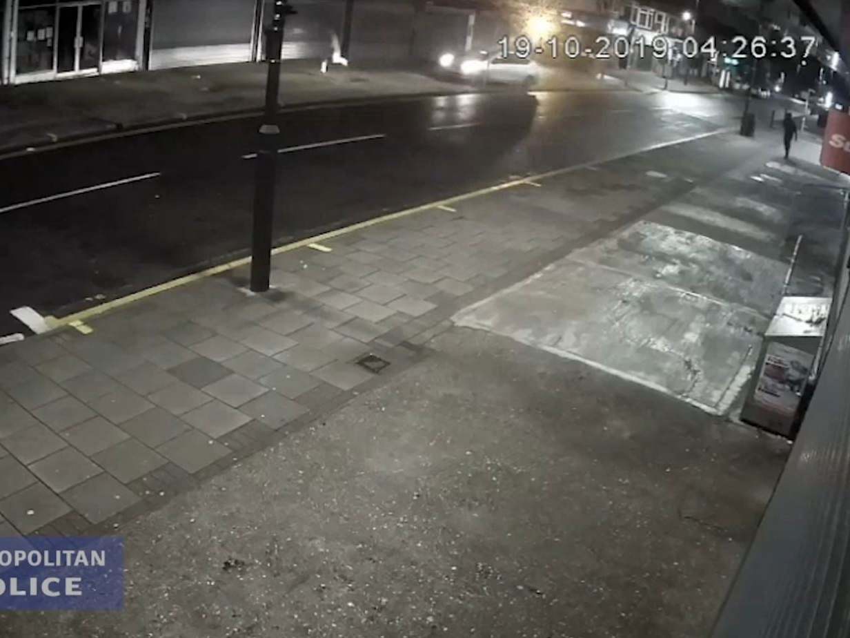 Undated handout CCTV grab issued by the Metropolitan Police of Uran Nabiev's Toyota Prius driving towards a man on Bexley Road in Erith, southeast London, 19 October 2019.