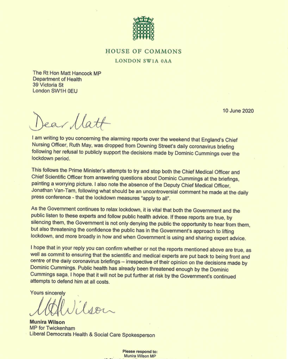 The letter to health secretary Matt Hancock