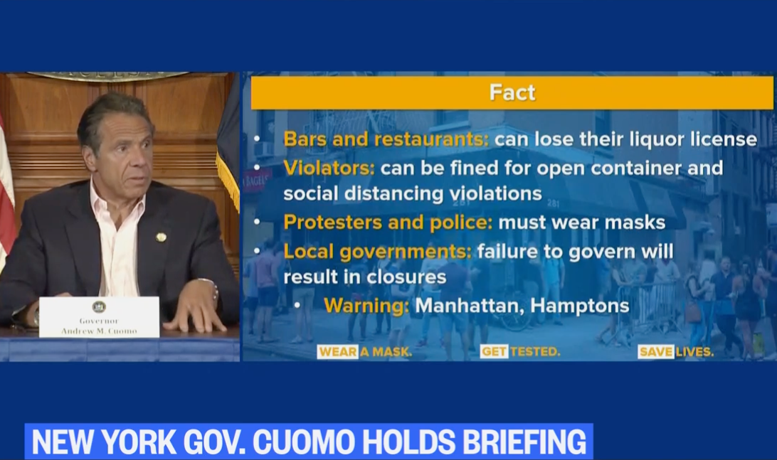 New York Governor Andrew Cuomo warned that local governments must enforce the reopening rules or the state will intervene