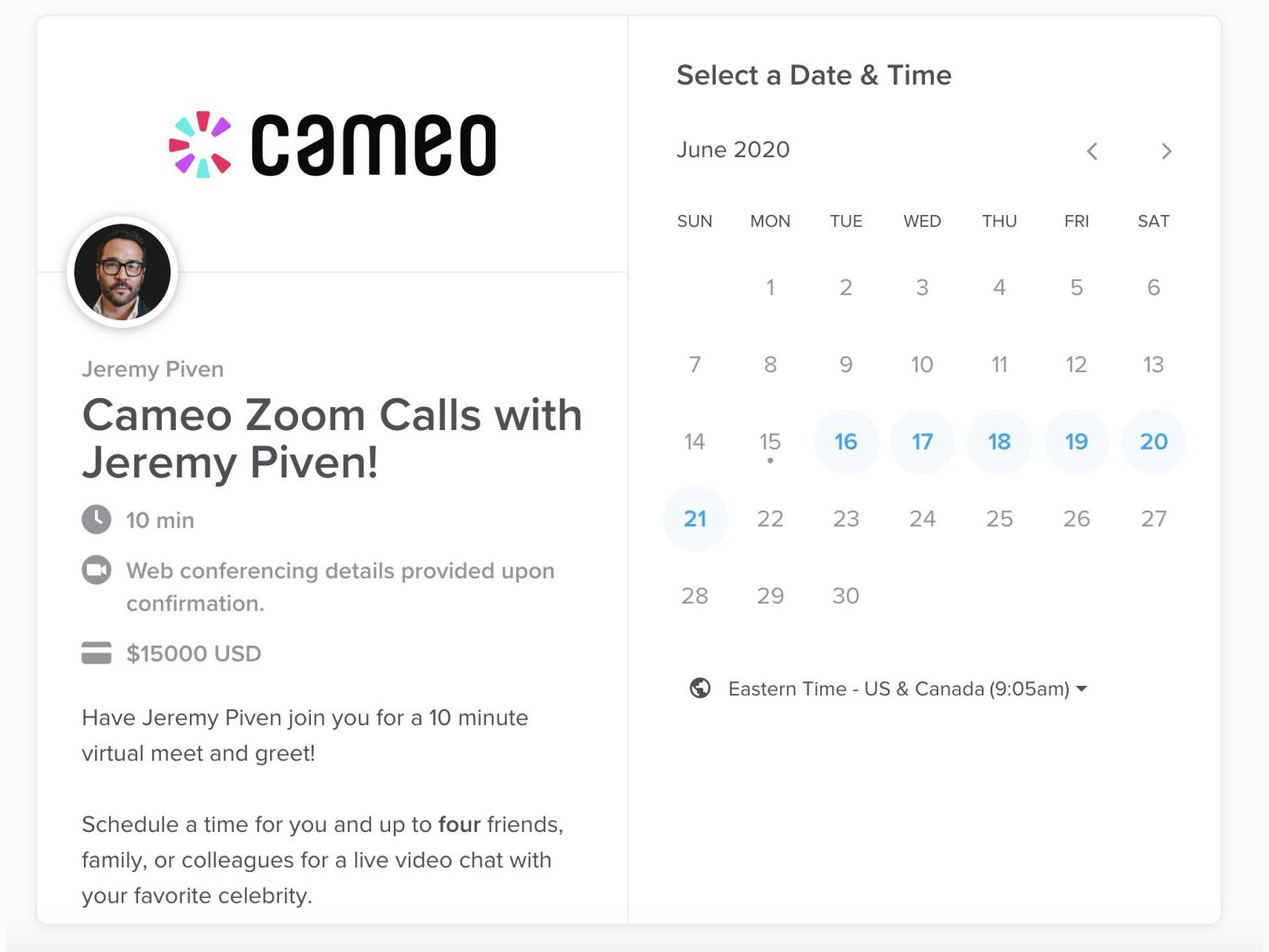 Jeremy Piven’s original offer of a $15,000 Zoom call