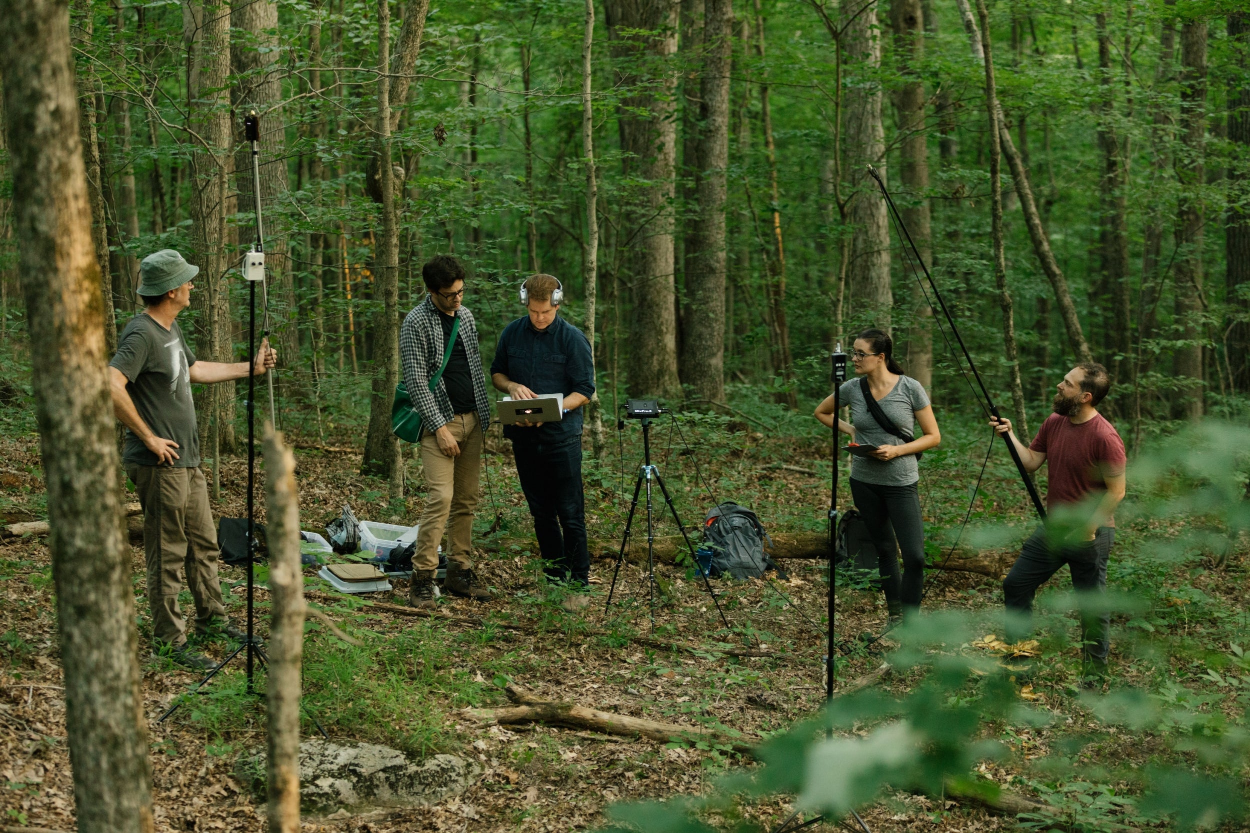 Stuart Hyatt and his team record bats in the woodlands of Indianapolis