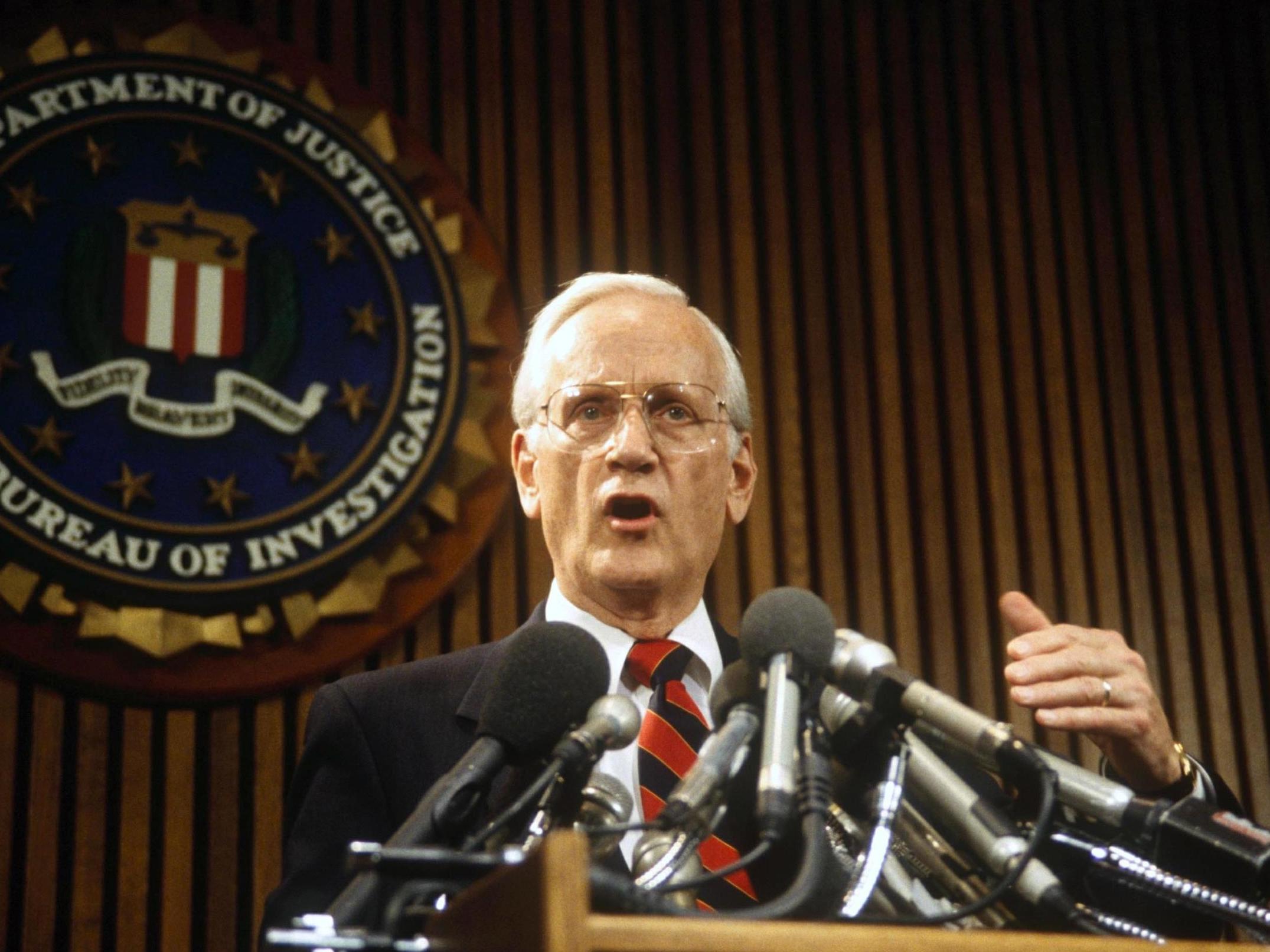 Sessions speaking at a press conference in New York, 1993