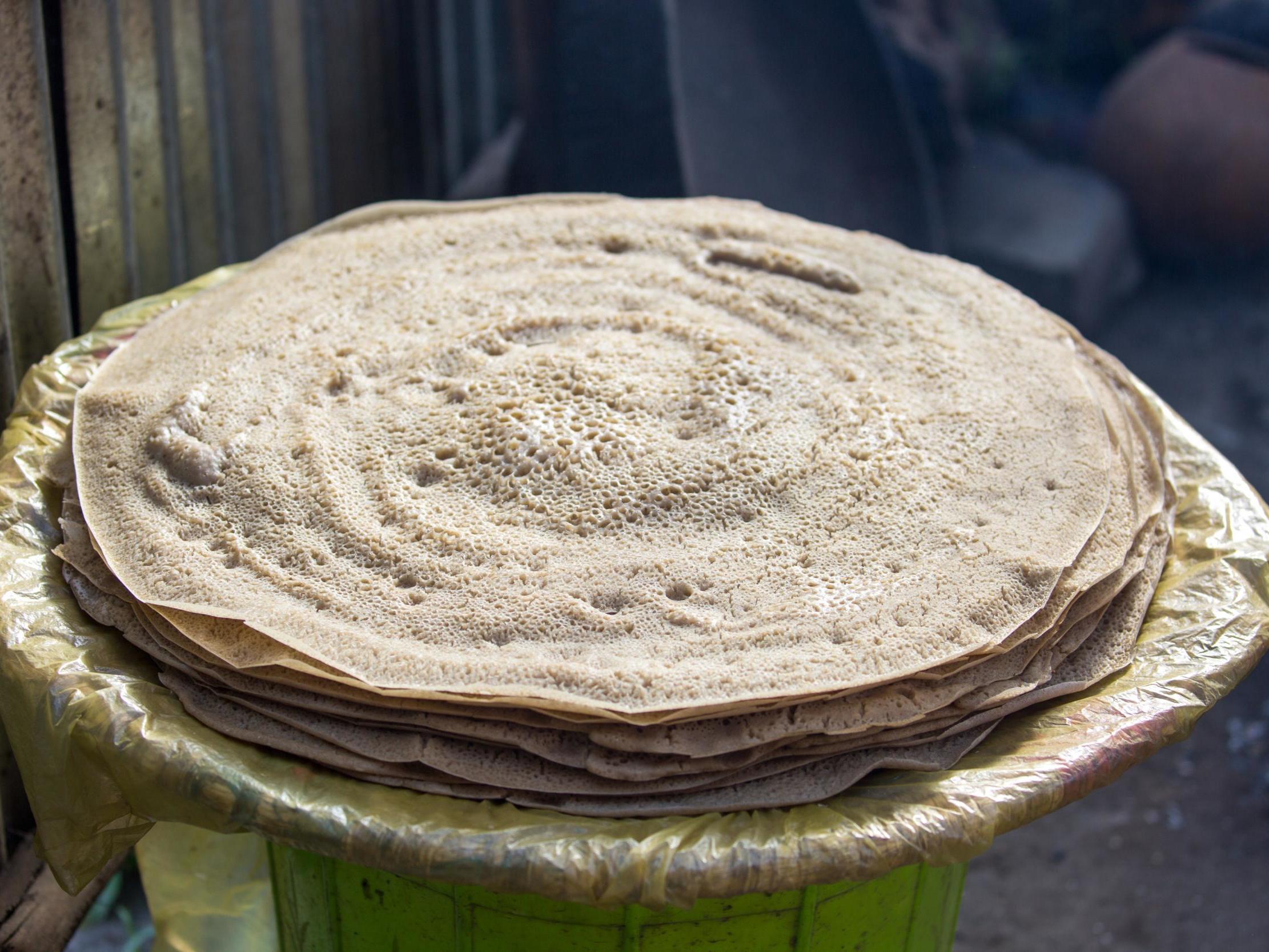 Freshly made injera, a flatbread made from teff flour is a staple of Ethiopian cuisine