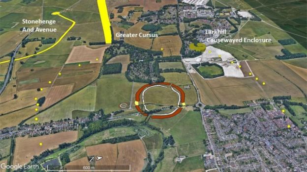 Yellow dots represent locations of the shafts, and the red circle marks Durrington Walls